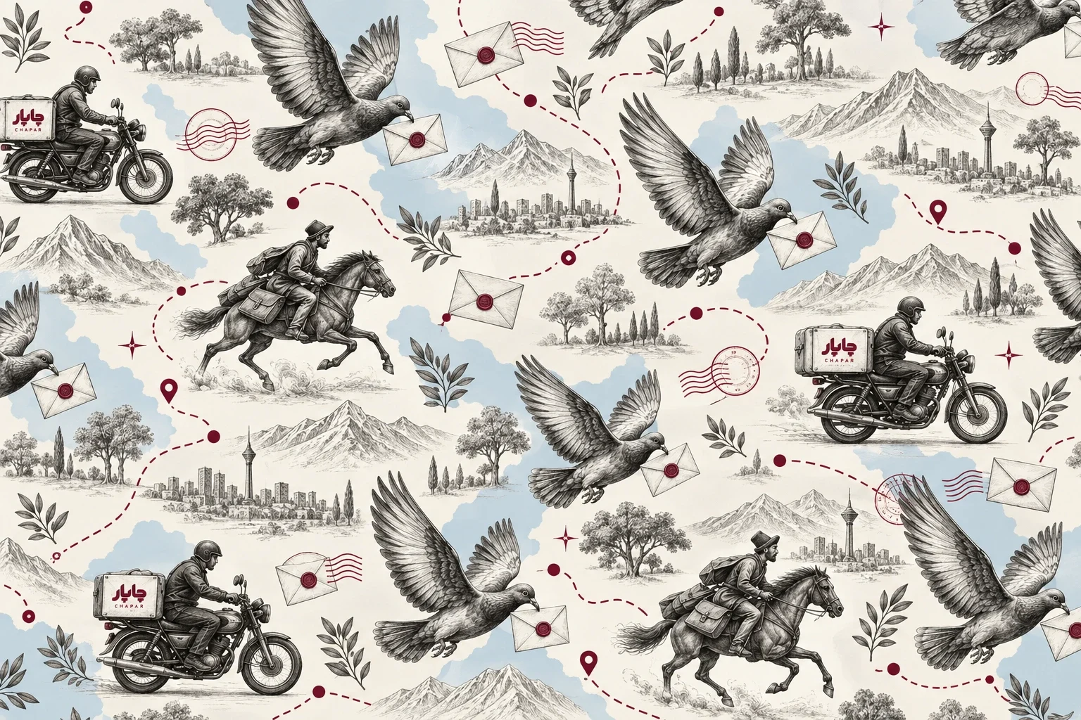 Graphite pattern with pigeons, mounted couriers, motorcycles and postal routes.