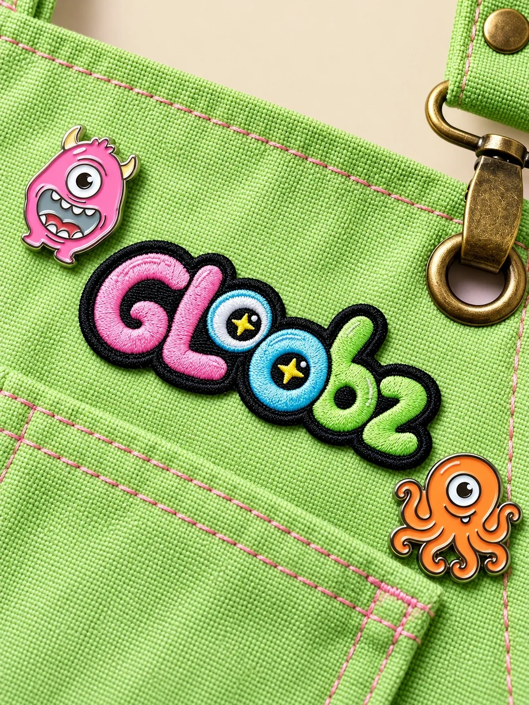 Gloobz logo embroidered on a green apron with character patches