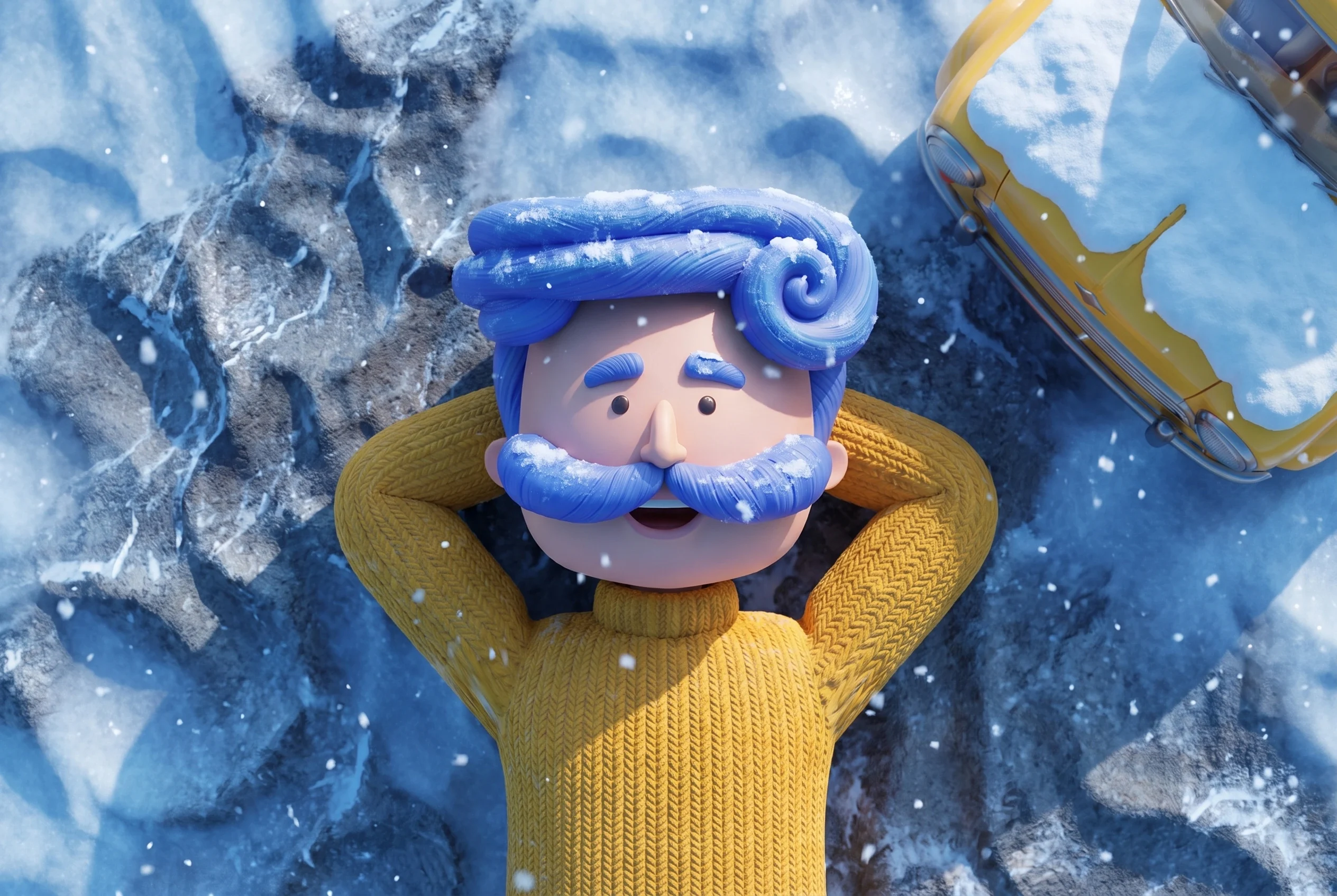 Overhead Azki key visual: the mascot in a yellow knitted sweater on snow beside a snow-covered yellow car.
