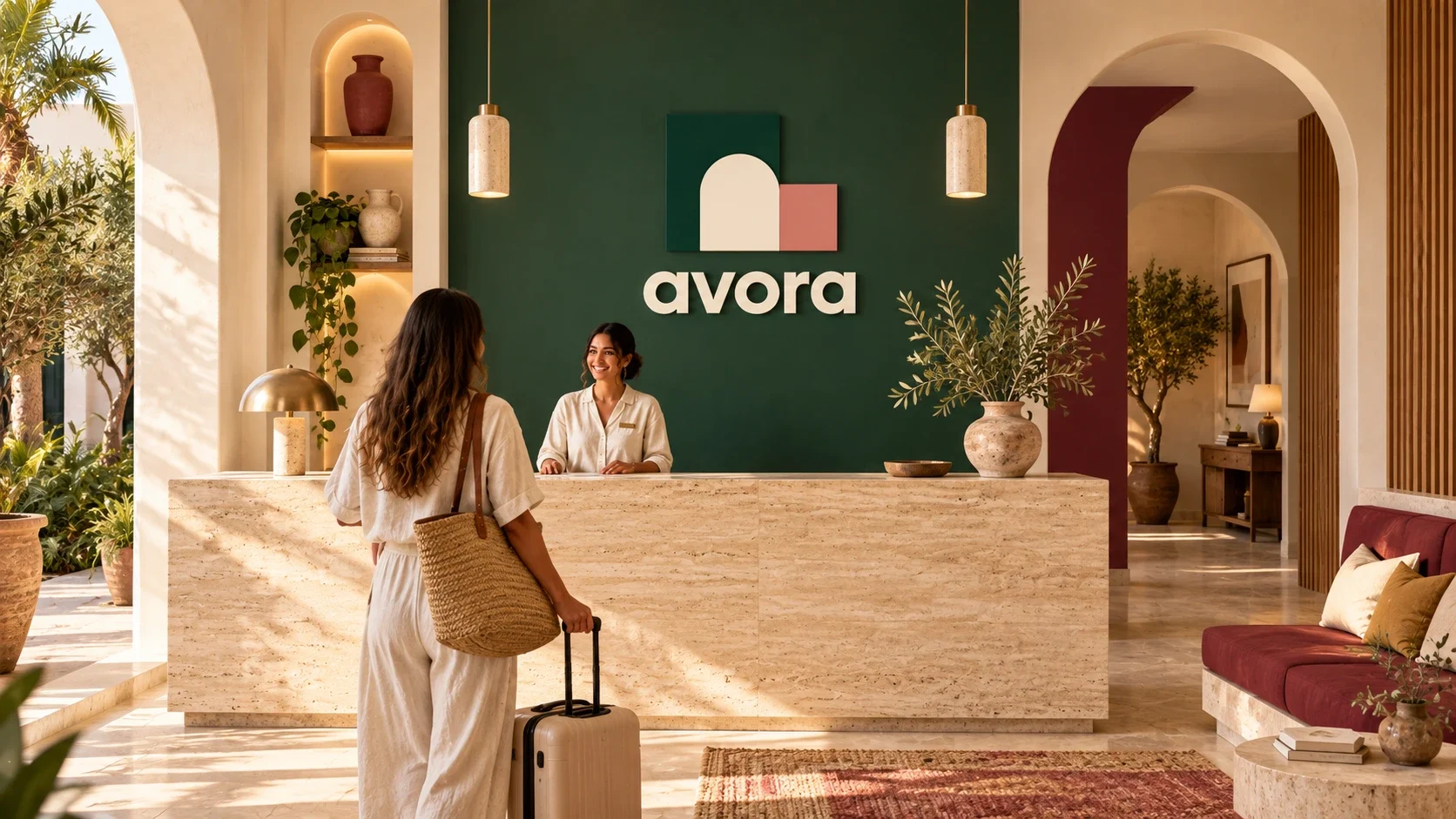 Avora reception counter with green brand wall.