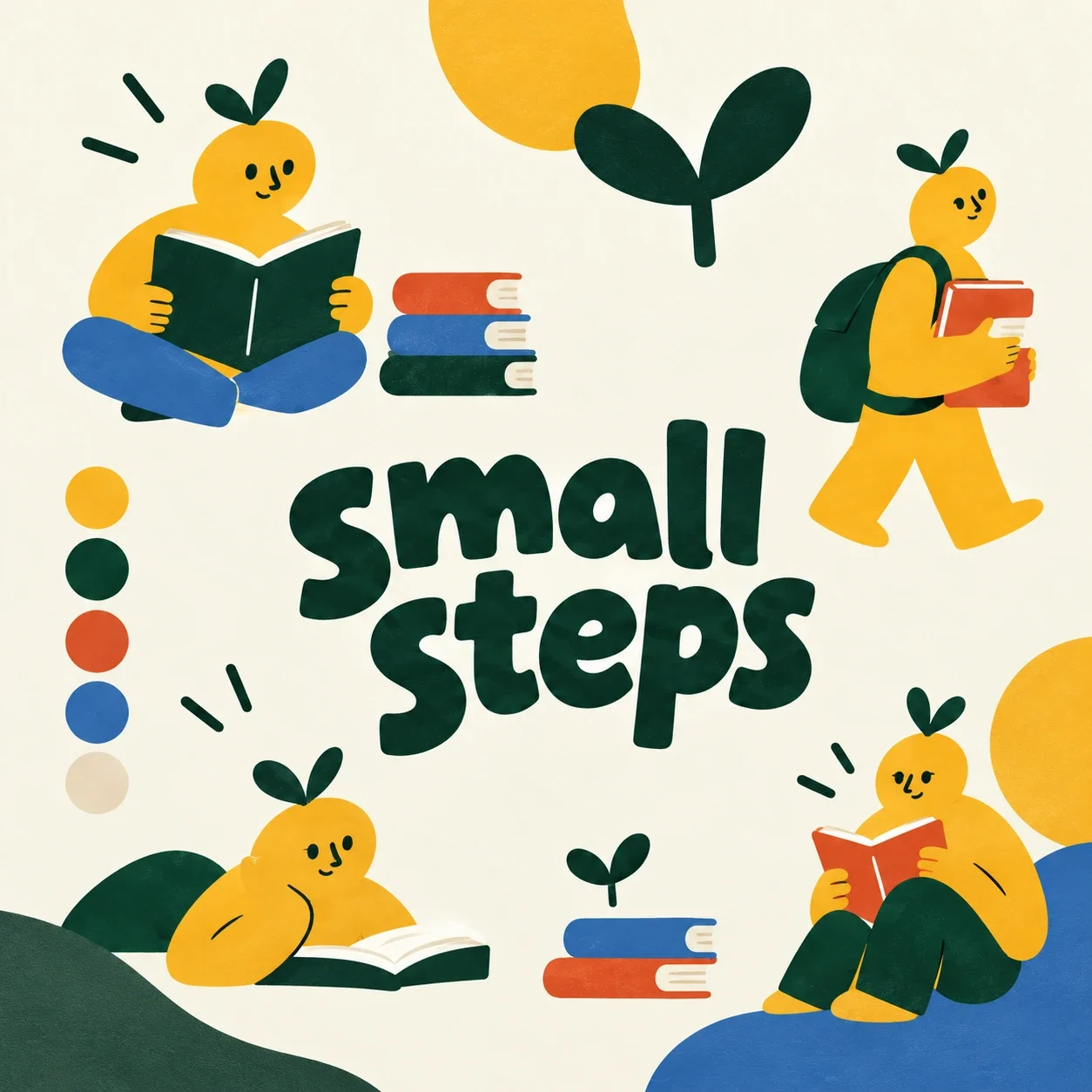 Small Steps identity collage showing illustration, packaging, stationery and tote applications.