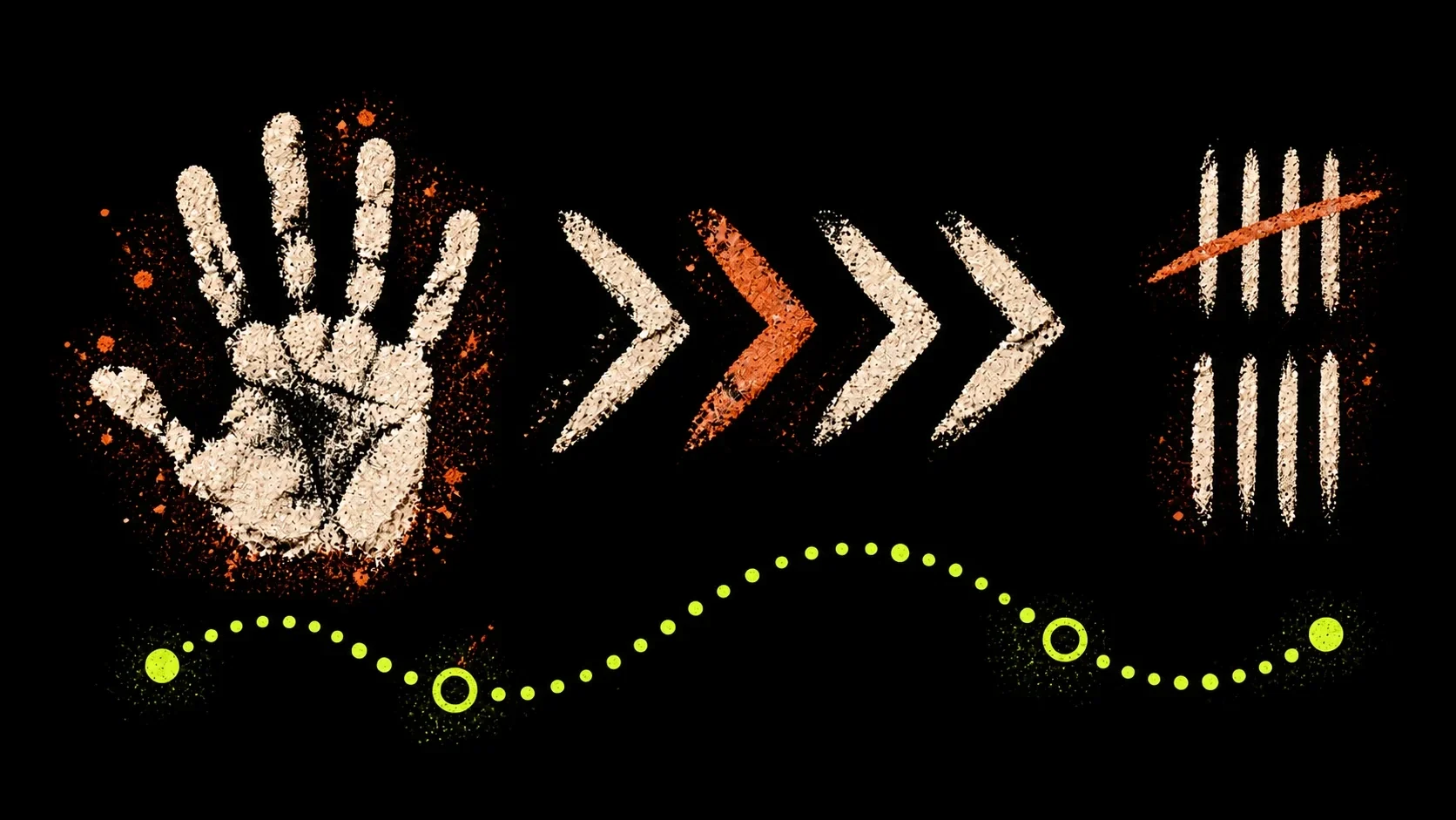 Handprint, cave arrows and dotted route forming Noctara graphics
