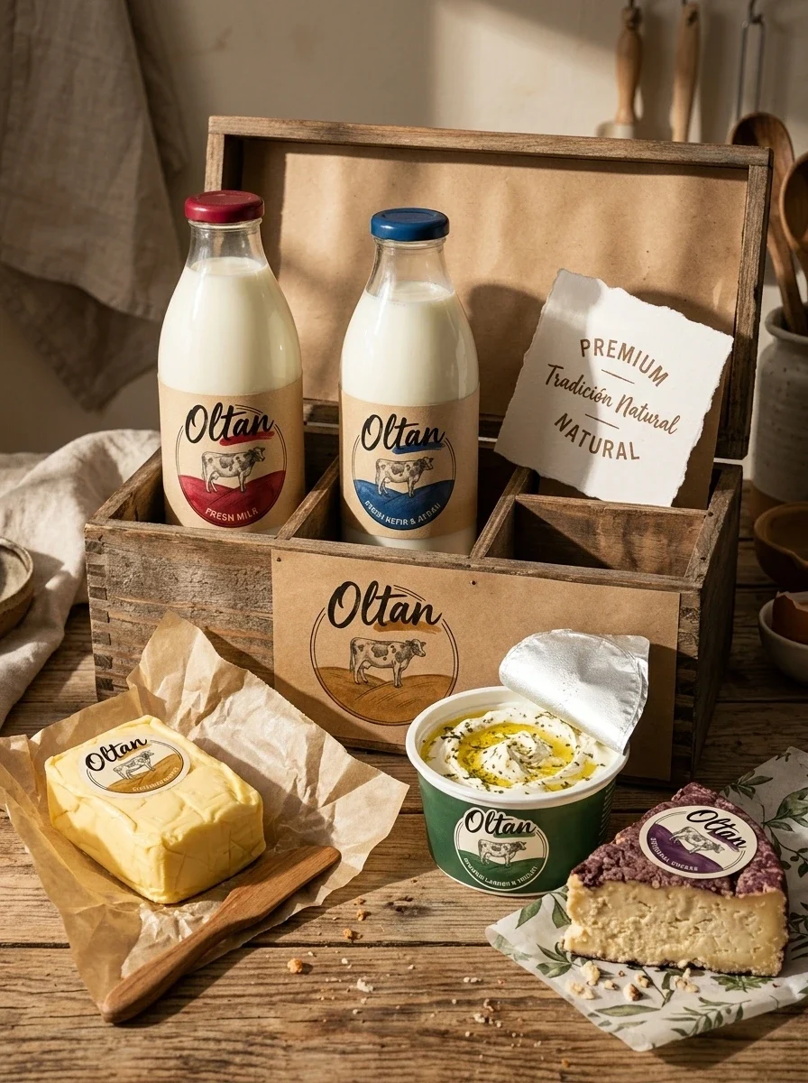 Oltan dairy packaging mockups arranged in a wooden crate