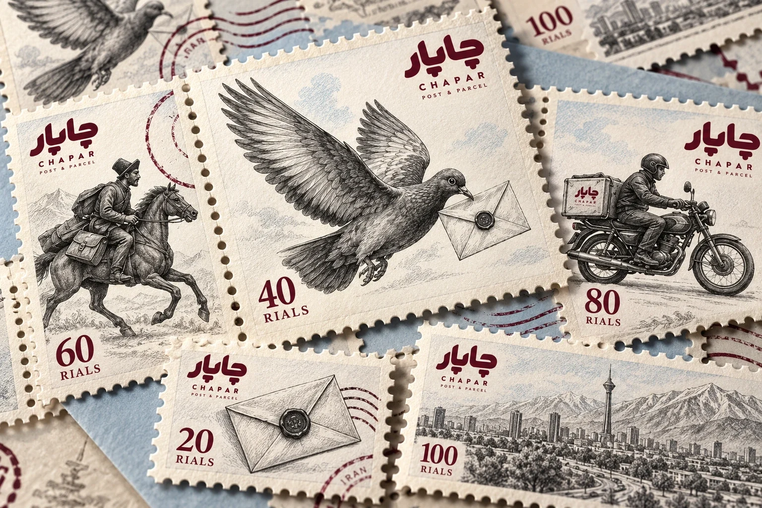 Close view of perforated stamp concepts with five graphite subjects.
