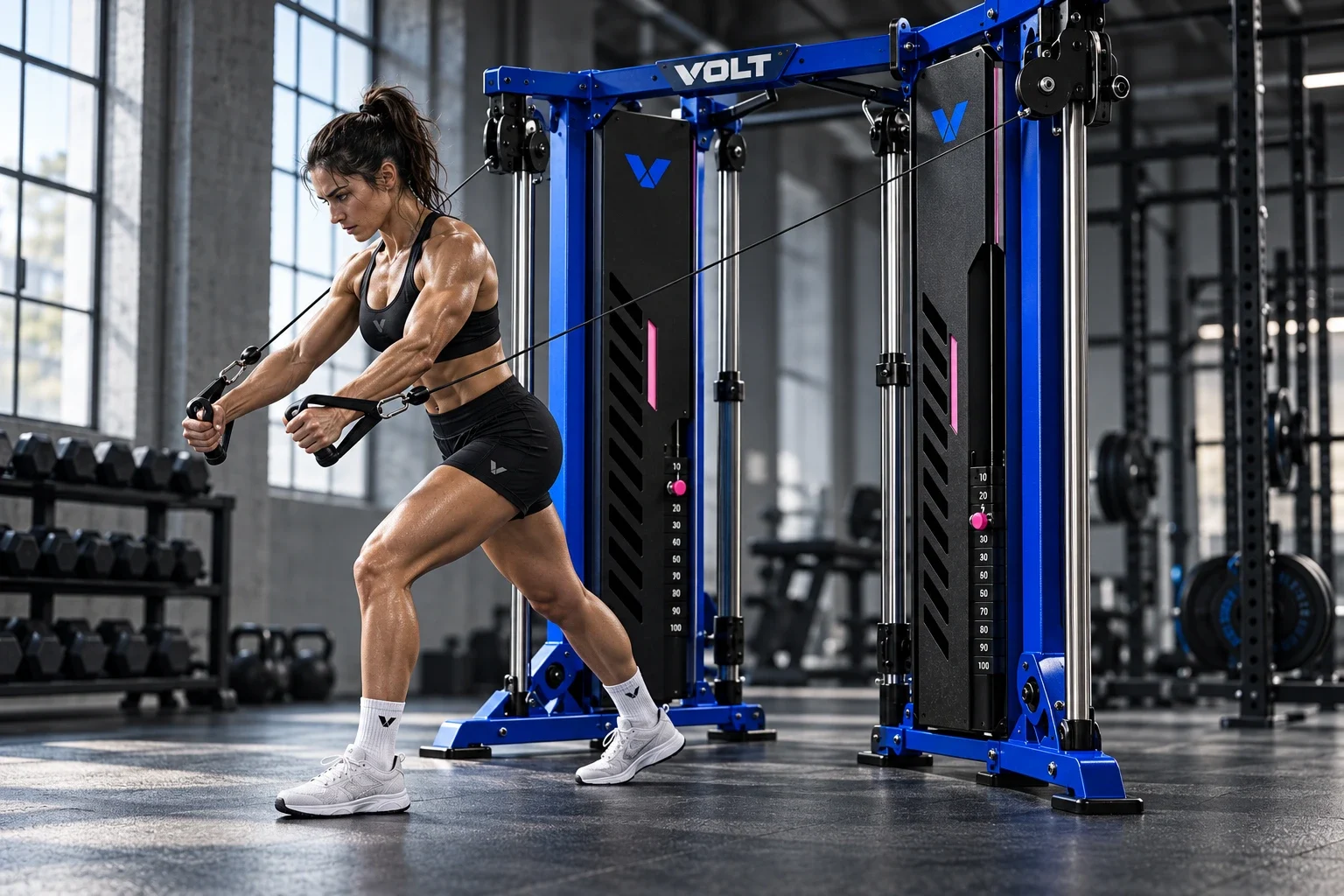 Athlete training on a blue cable machine