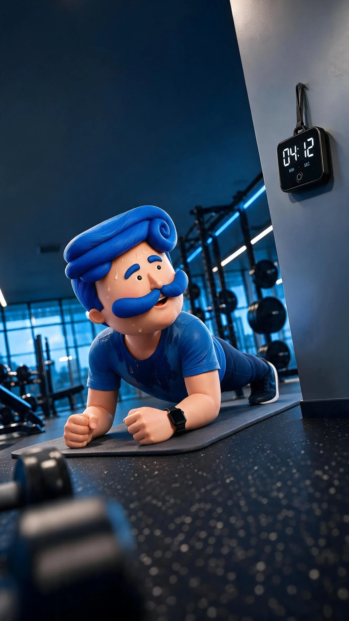 Azki mascot holding a plank in a gym beside a digital timer.
