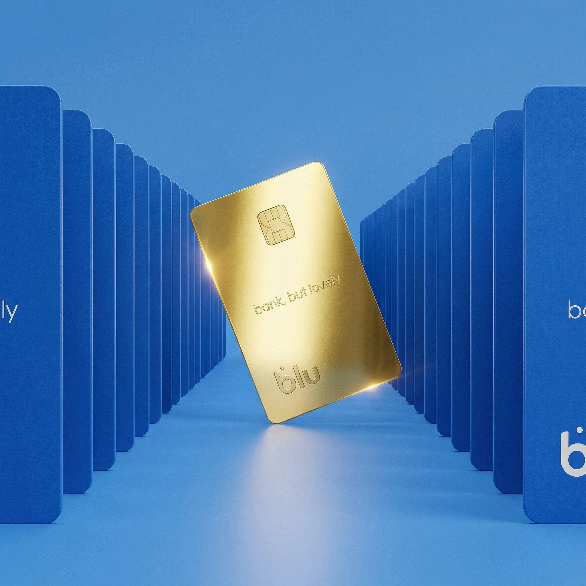 Gold card standing between two rows of blue cards.