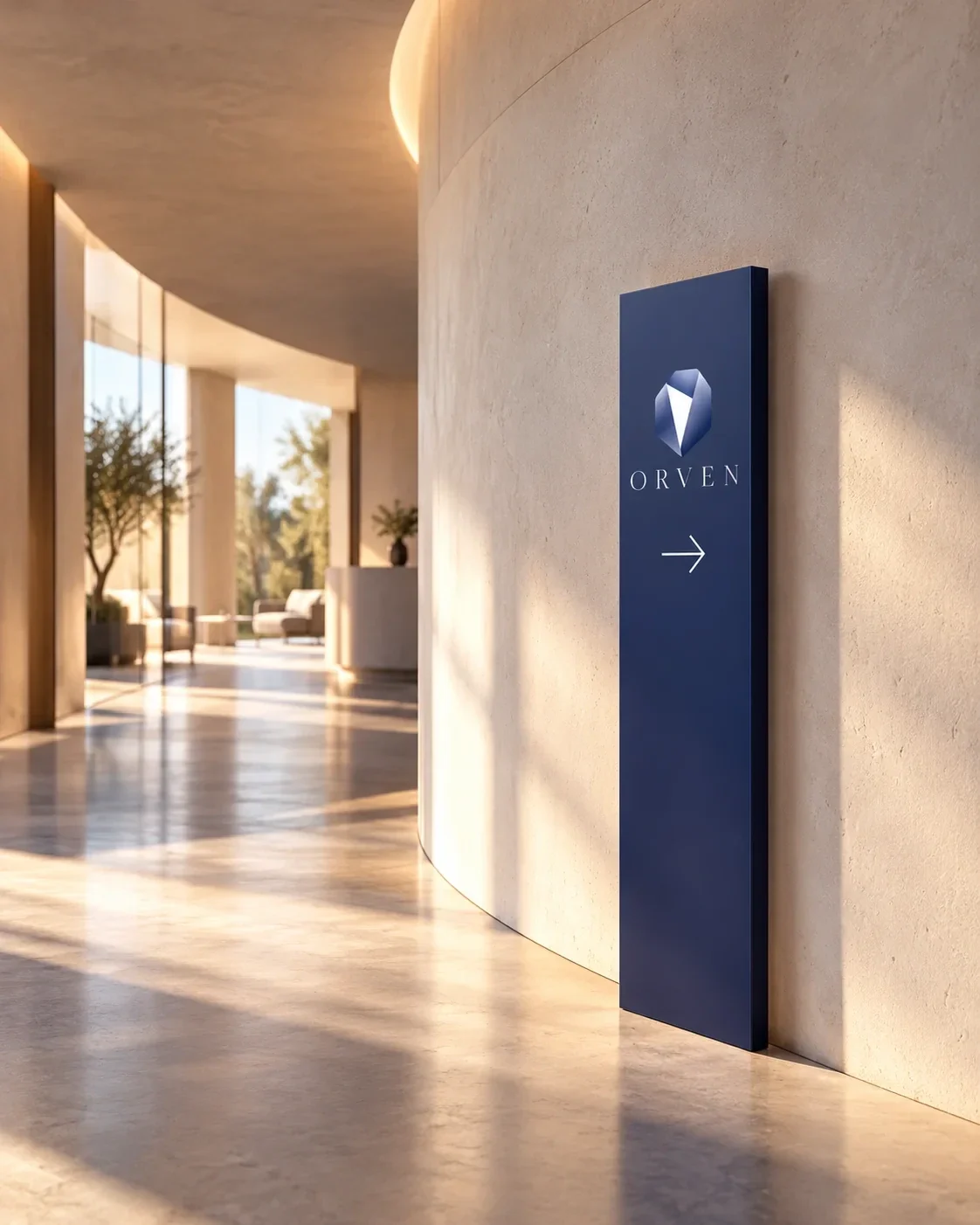Navy ORVEN wayfinding sign in a bright interior