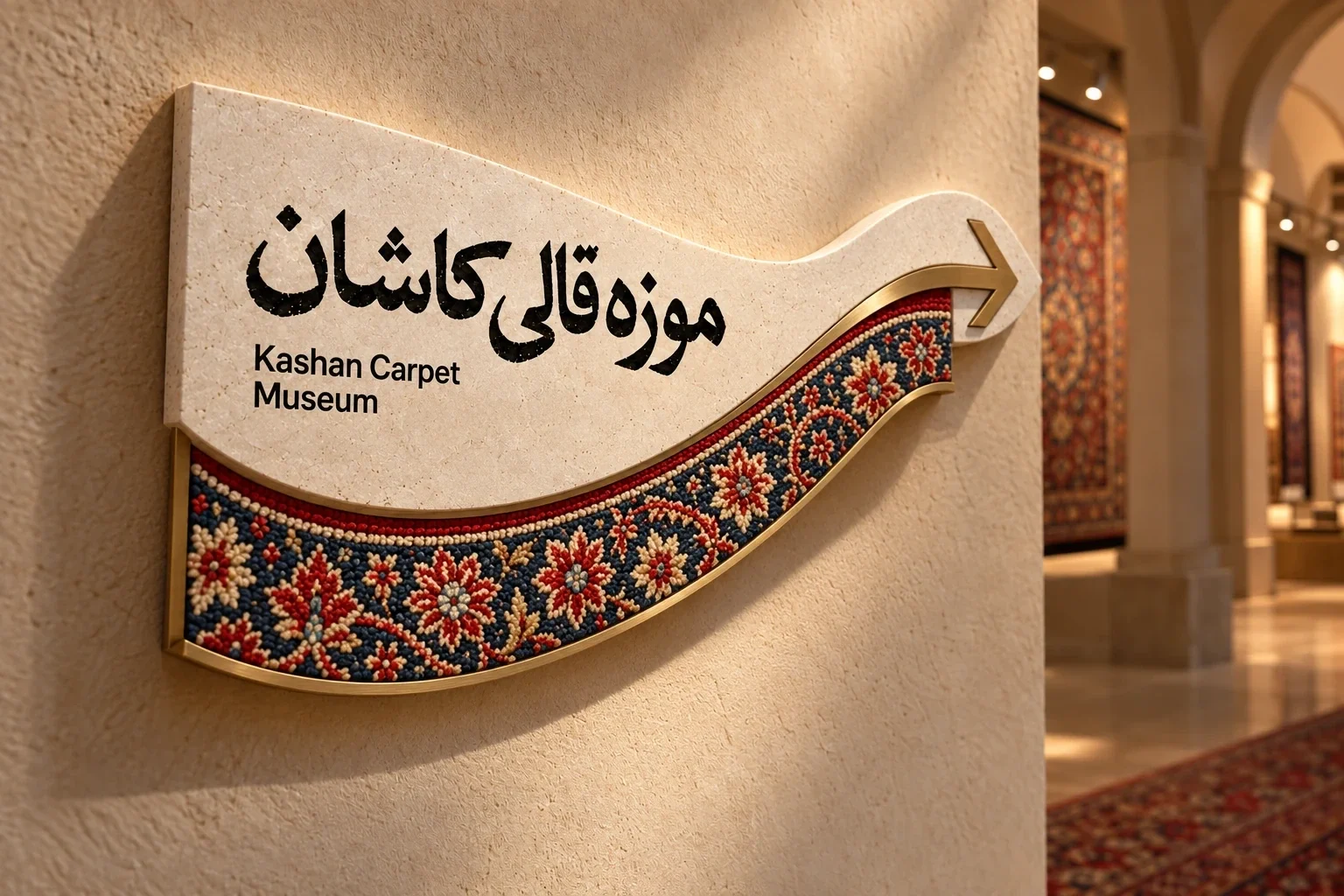 Directional museum sign with woven-pattern arrow
