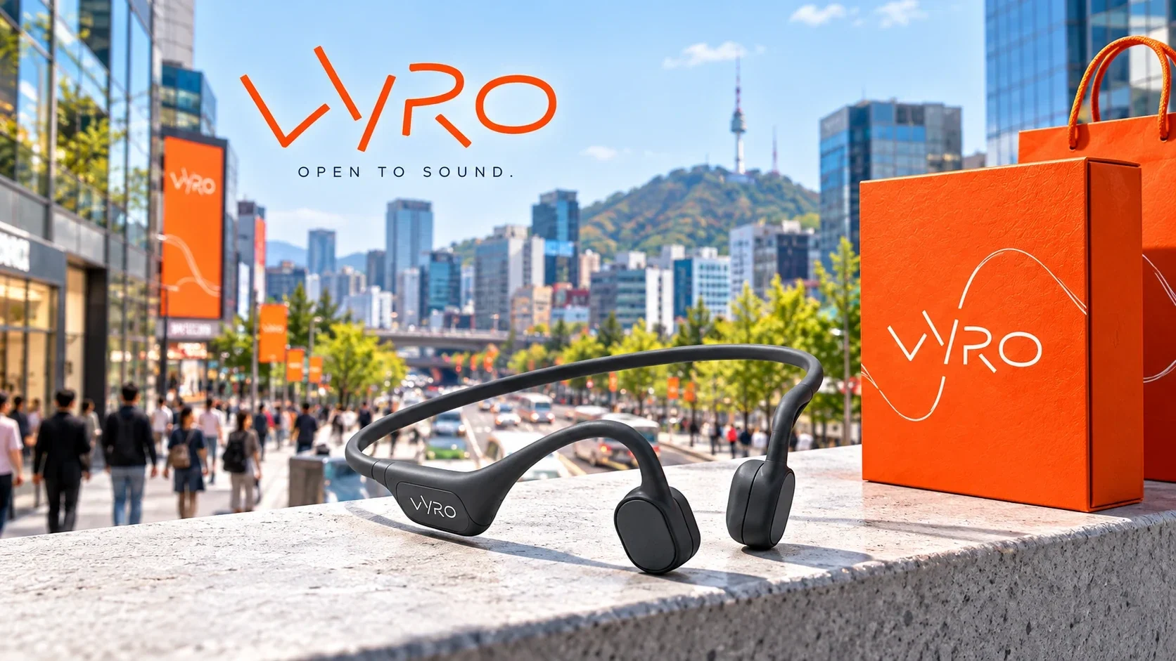 Vyro headset and orange packaging in an urban campaign scene