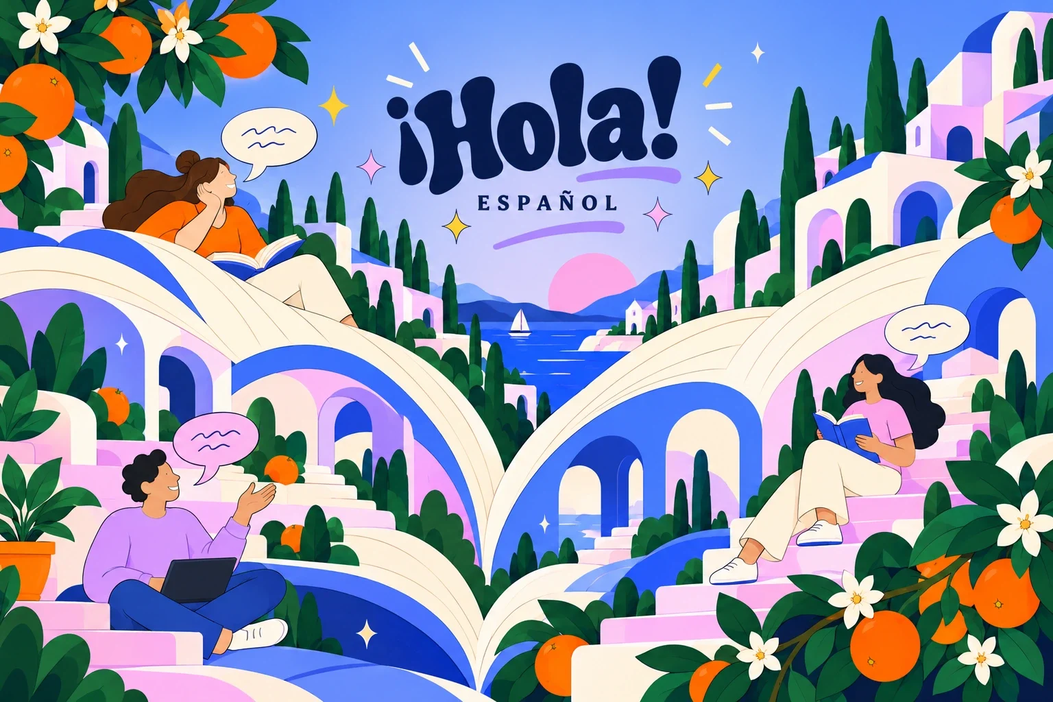 Illustrated Hola landscape with people reading and talking among white arches and orange trees.