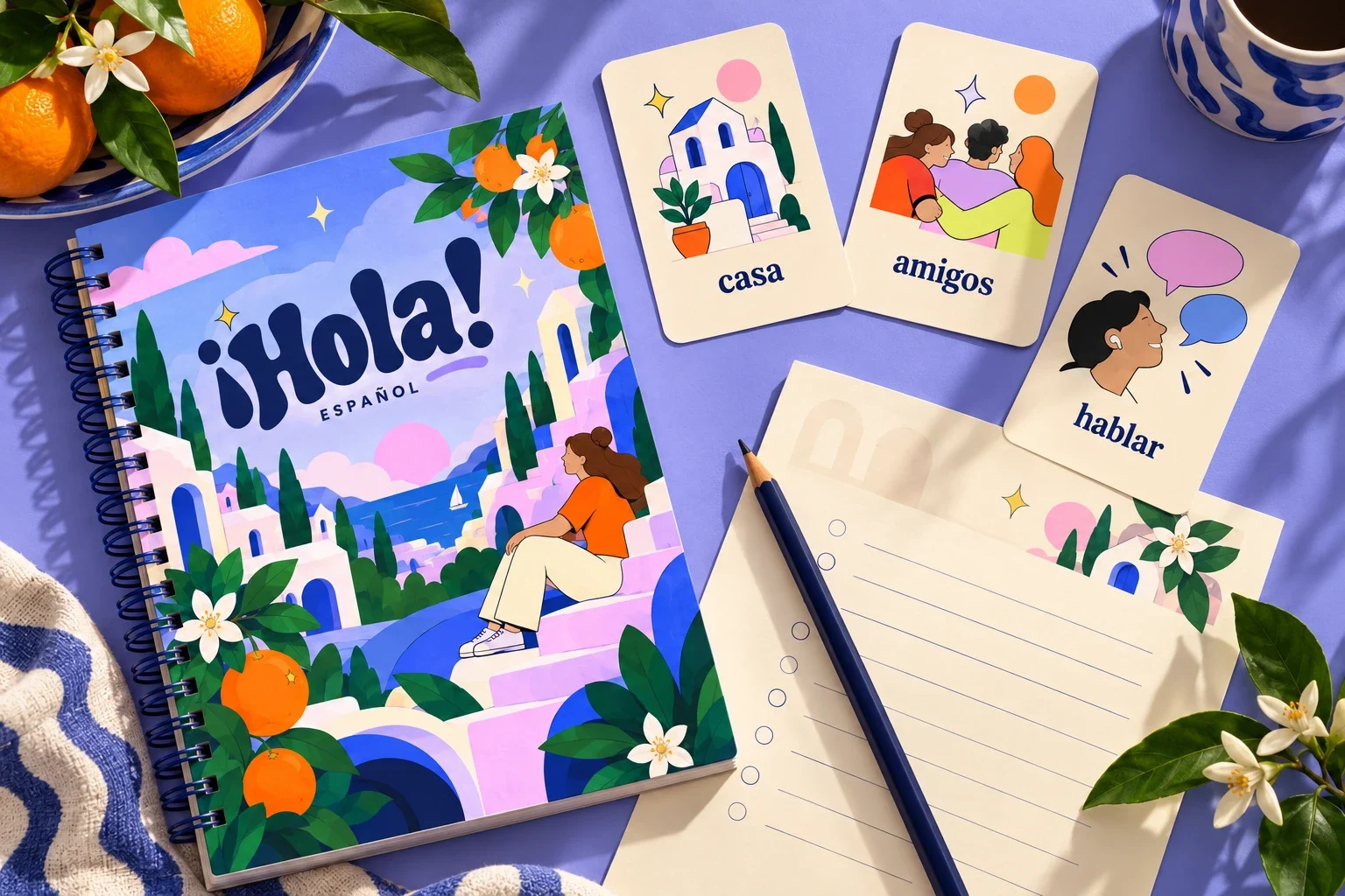 Mockup of a Hola notebook and illustrated Spanish vocabulary cards for casa, amigos and hablar.