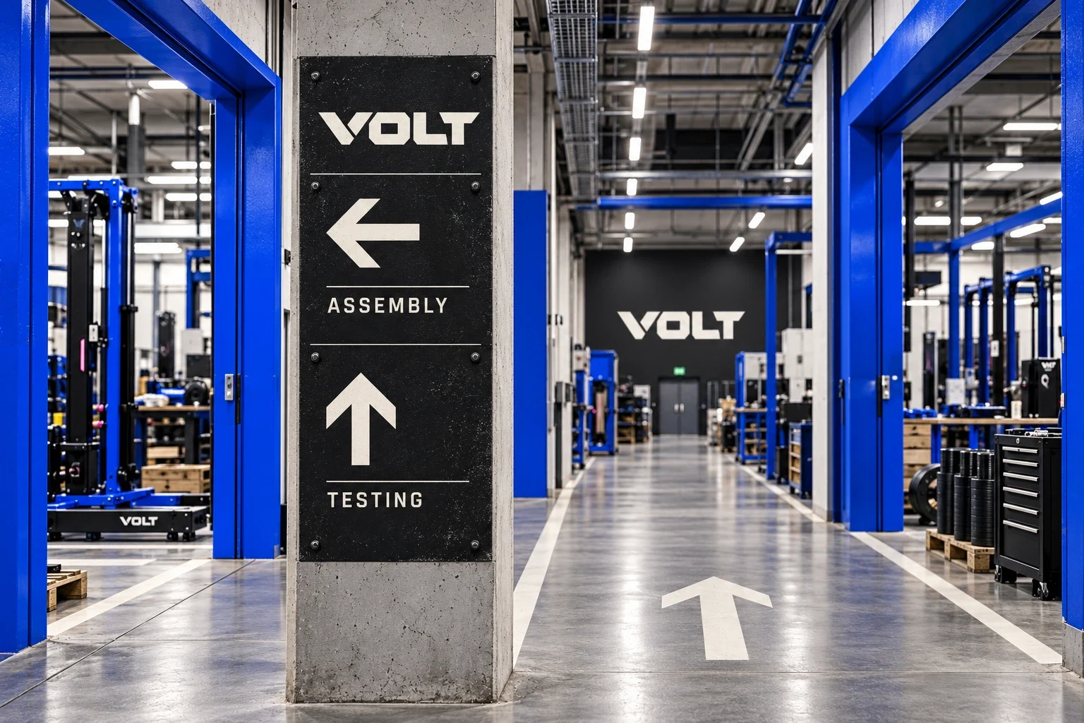 Volt wayfinding signs in an equipment showroom