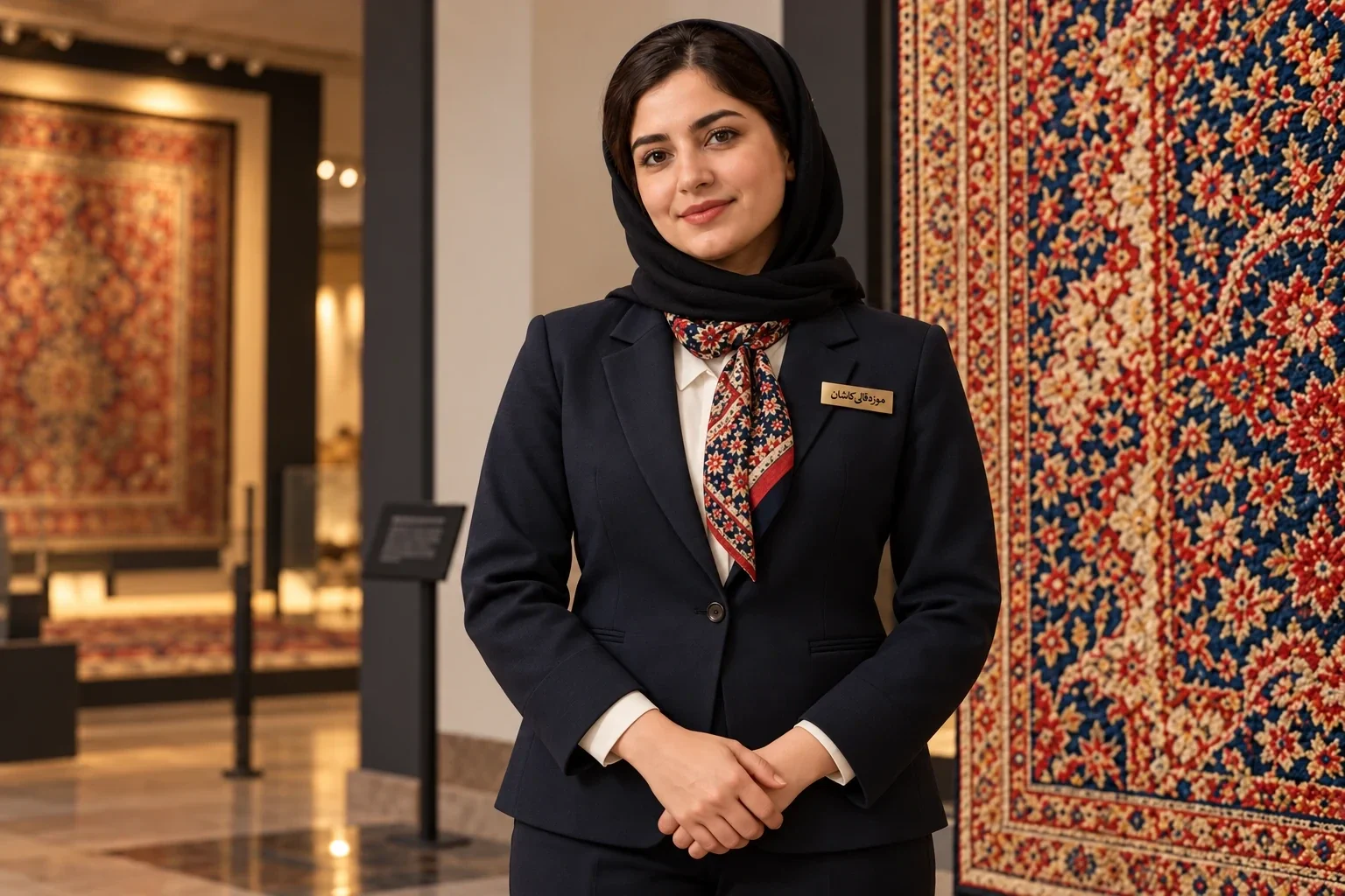 Museum staff uniform with patterned scarf and name badge