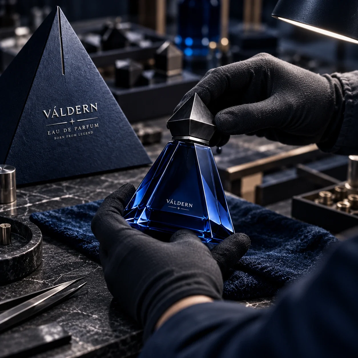 VÁLDERN bottle and carton on a dark presentation workspace.