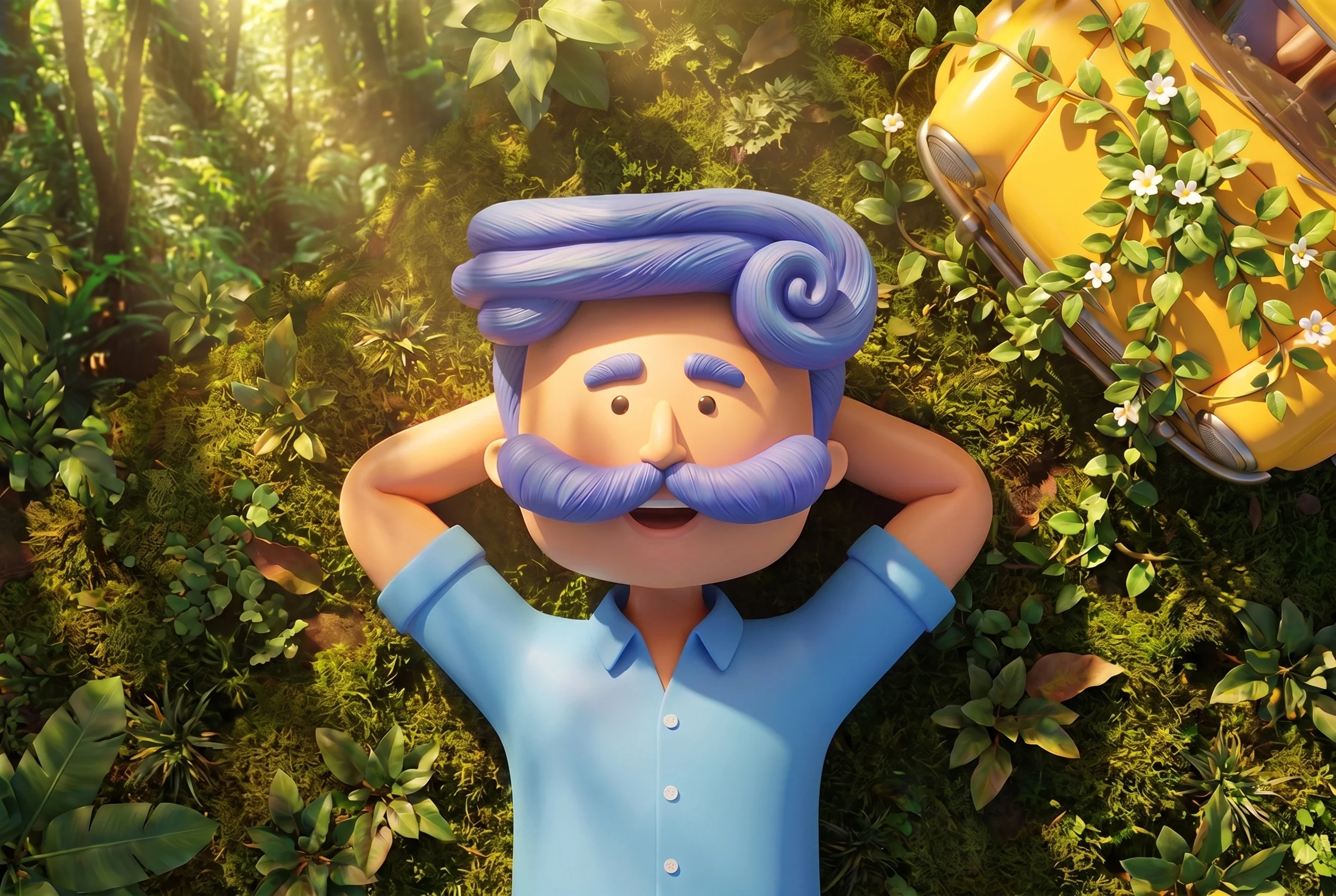 Overhead Azki key visual: the relaxed mascot on a mossy forest floor beside a yellow car covered with flowers.