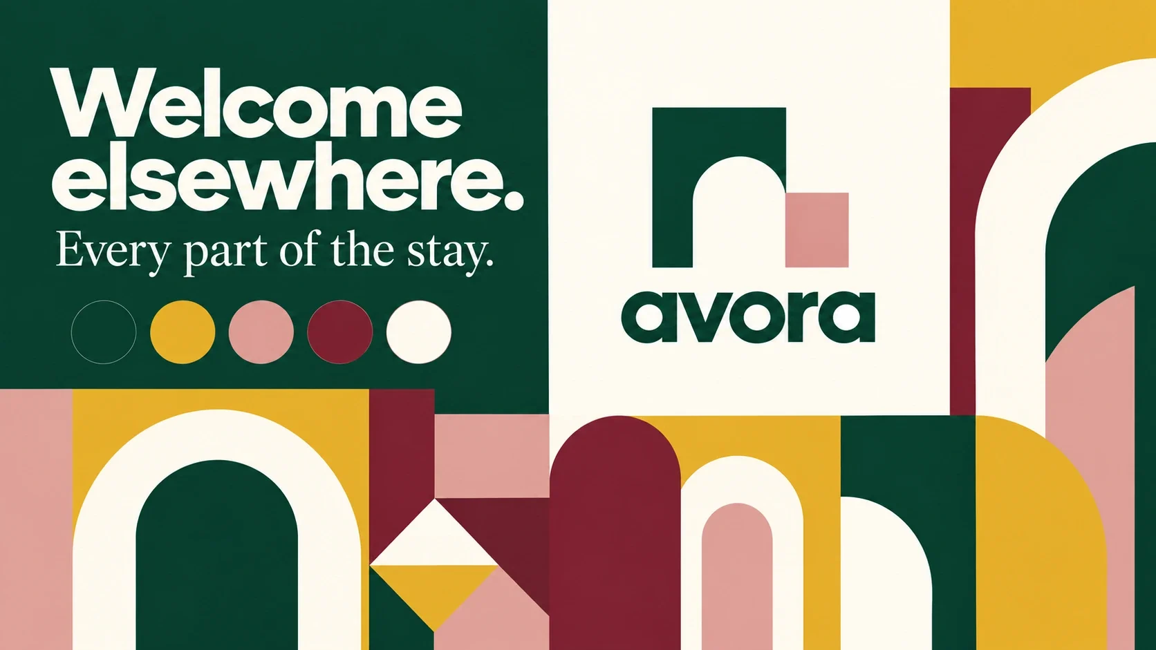 Avora arch symbol, lowercase wordmark and five-colour graphic system.