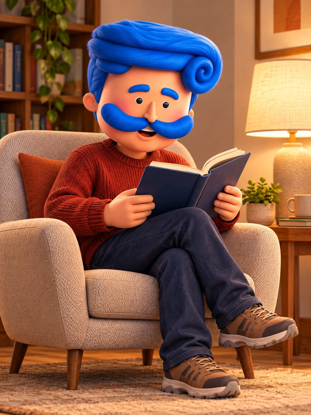 Azki mascot in a red sweater reading a book in a warmly lit armchair.