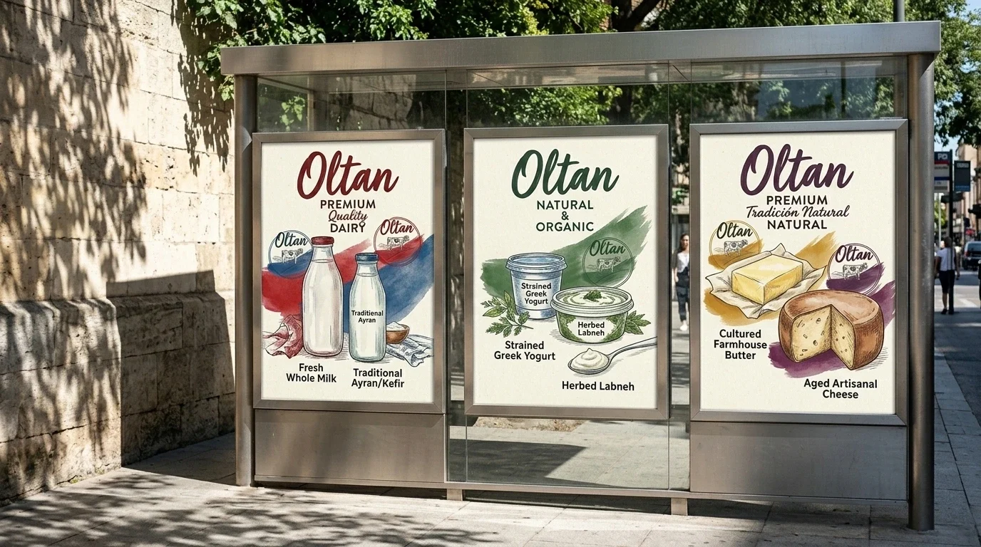 Three Oltan dairy poster concepts in an outdoor display mockup