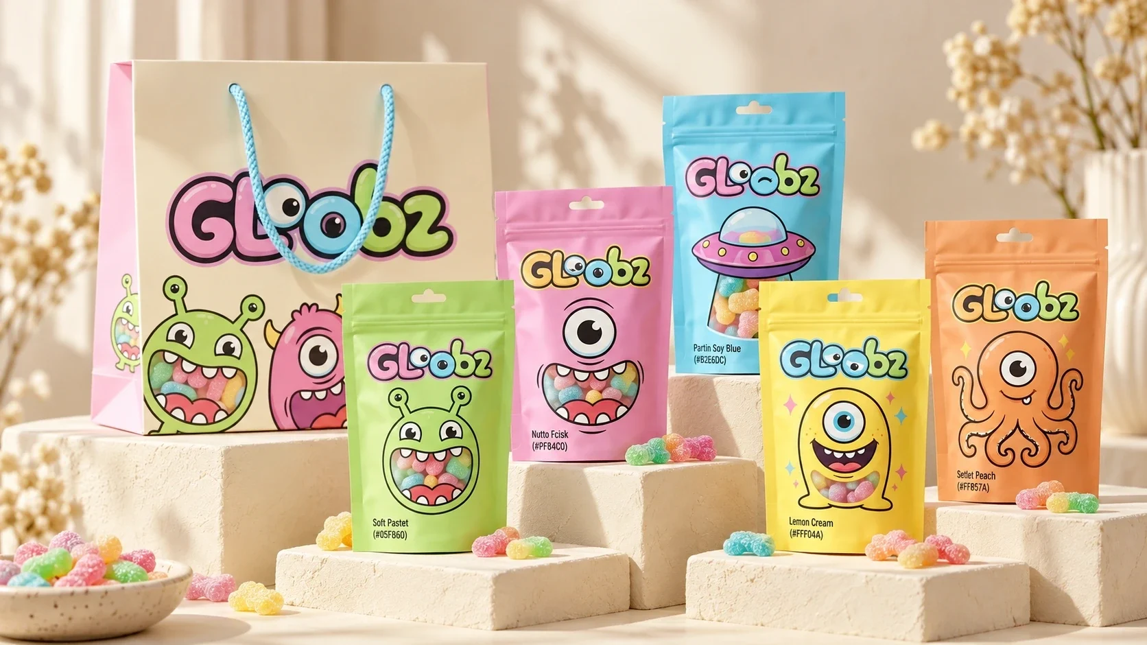 Gloobz pouch family and shopping bag with sugared gummies