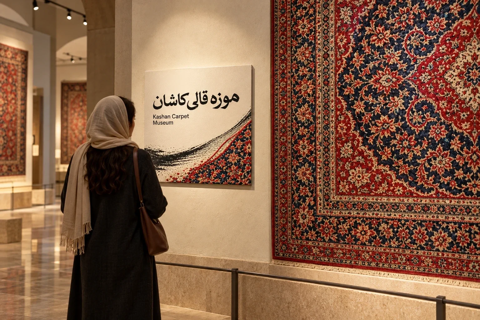 Visitor reading the museum wall label beside a carpet