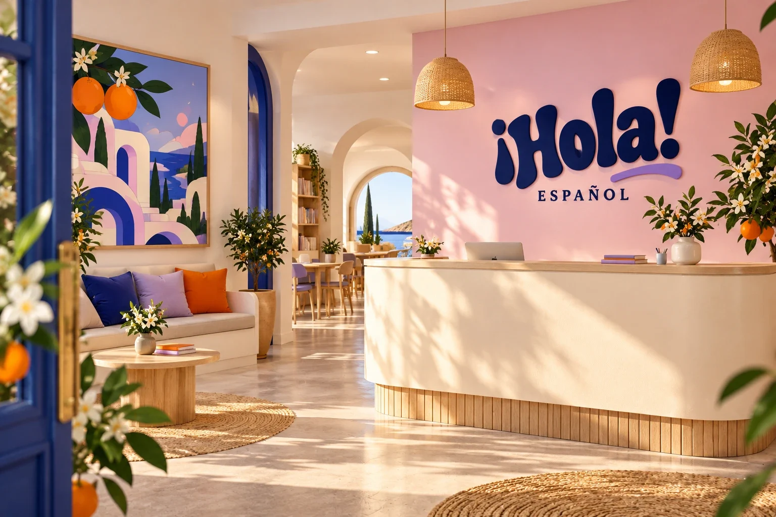 Reception mockup with navy Hola lettering on a pink wall and illustrated wall art.