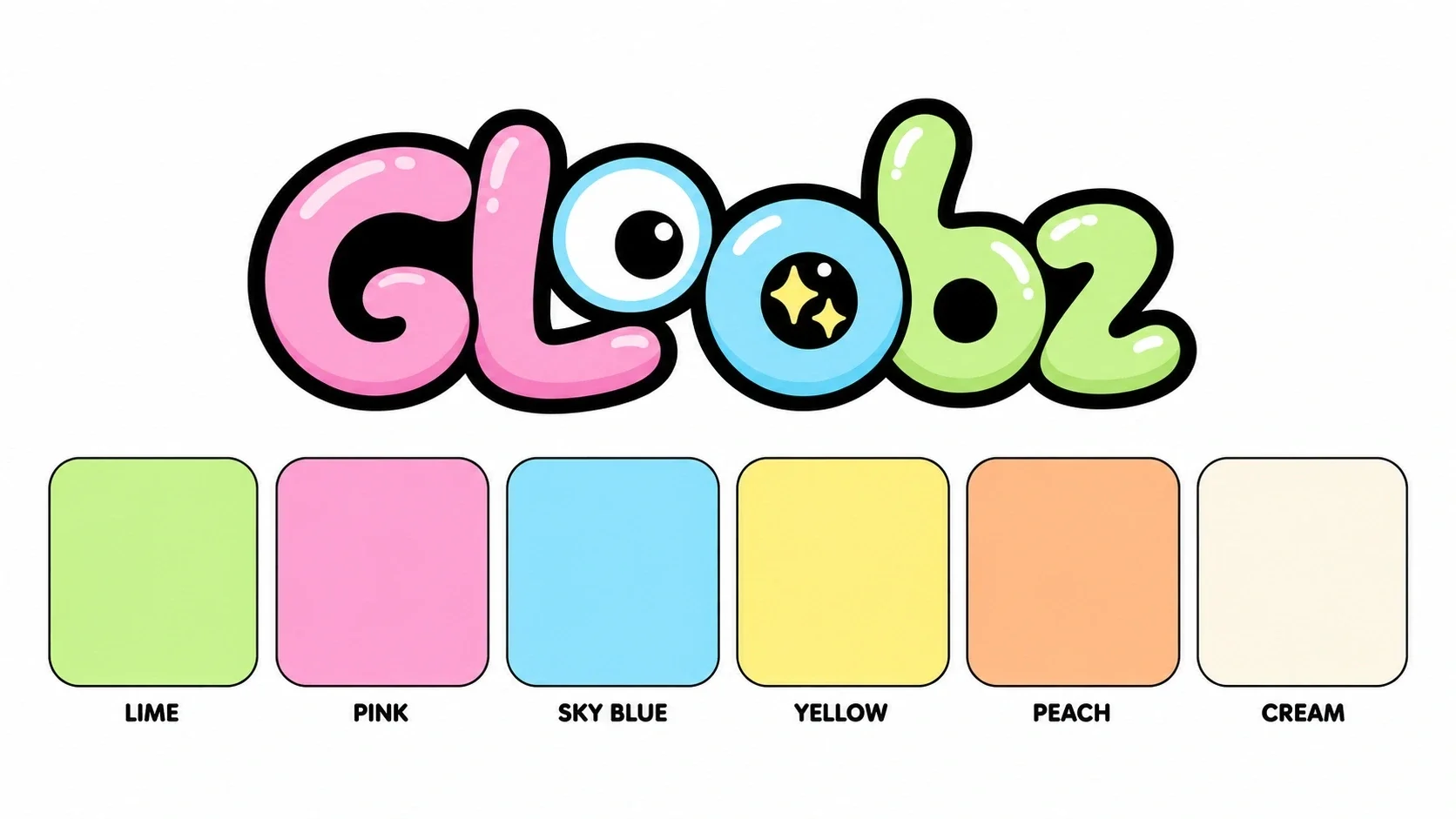Gloobz wordmark and six colour swatches on a white background