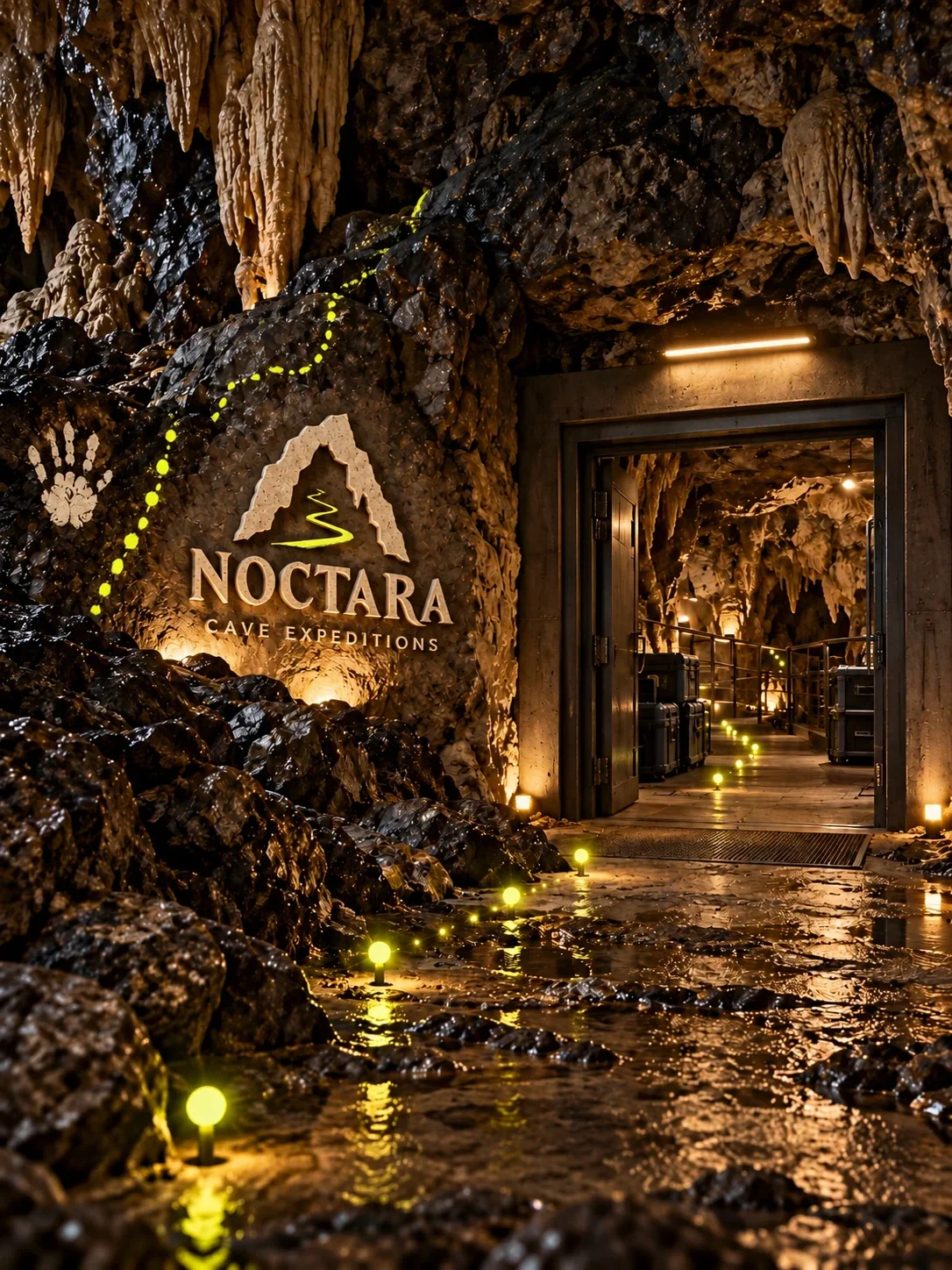 Noctara-branded entrance to a warmly lit cave
