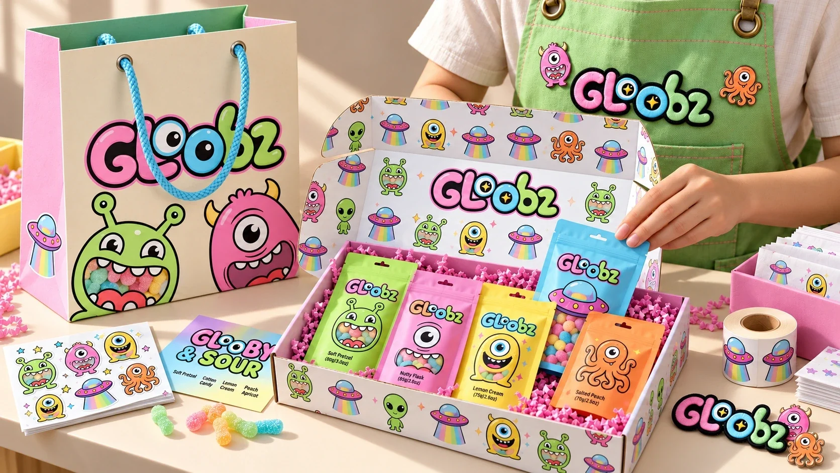 Open Gloobz multipack box with individual colorful pouches