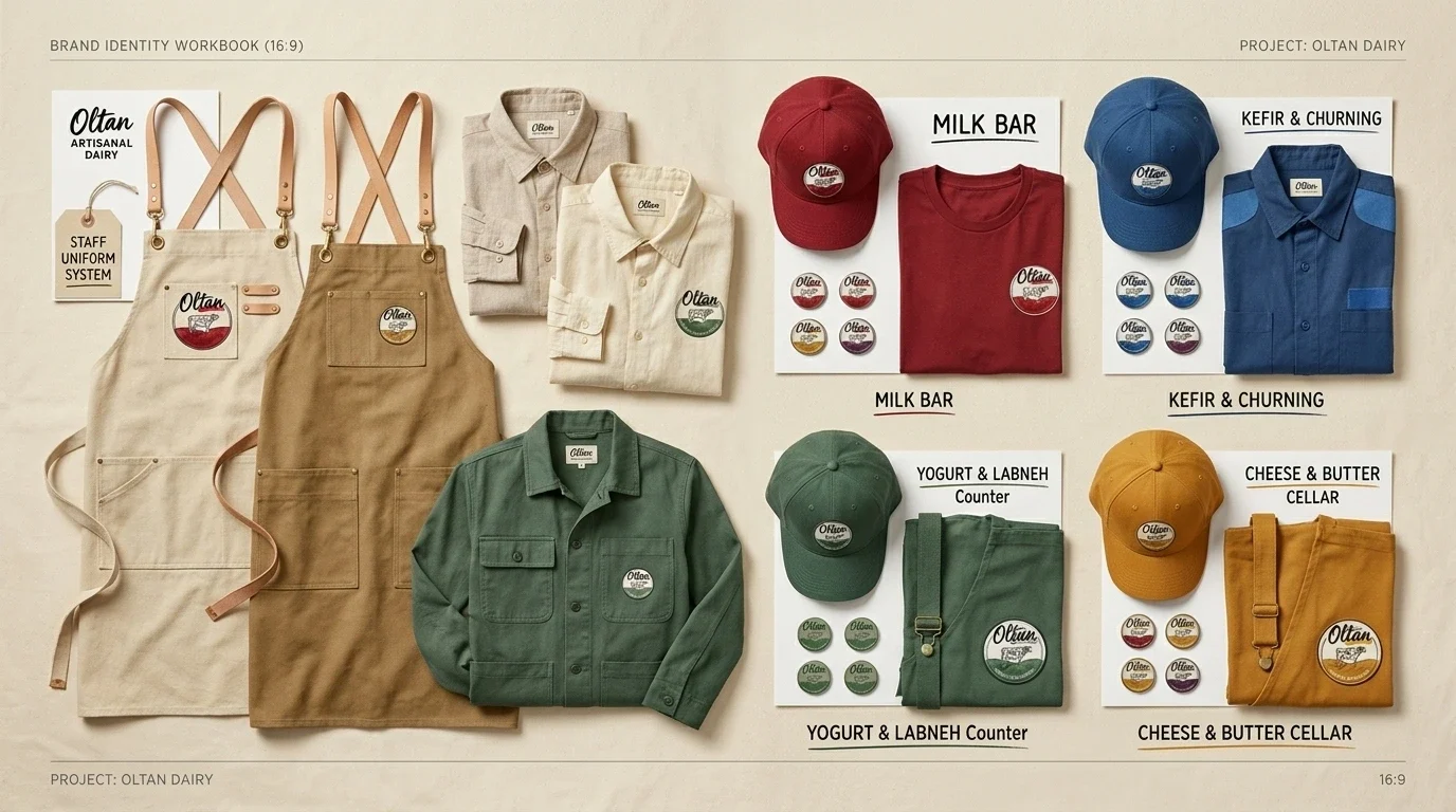 Oltan apron, shirts, caps and staff uniform concept board