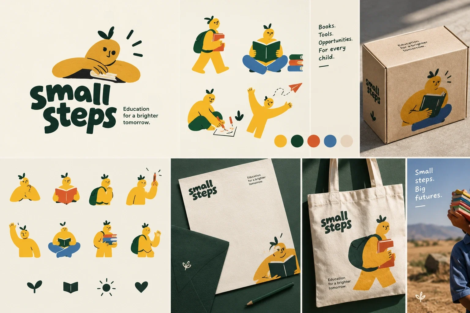 Original Small Steps identity board with wordmark, character illustrations, packaging, stationery and tote applications.
