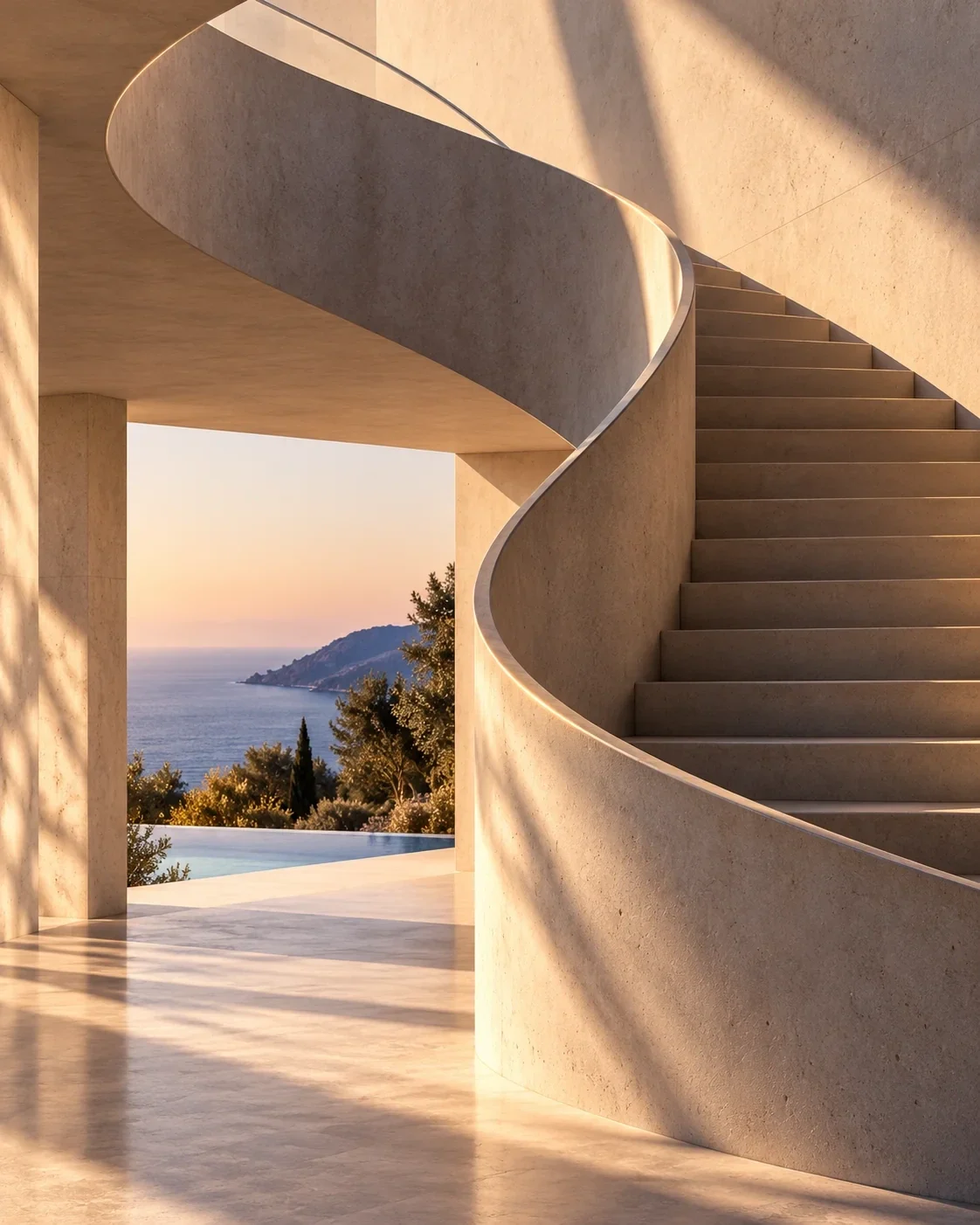 Sculptural staircase overlooking the coast