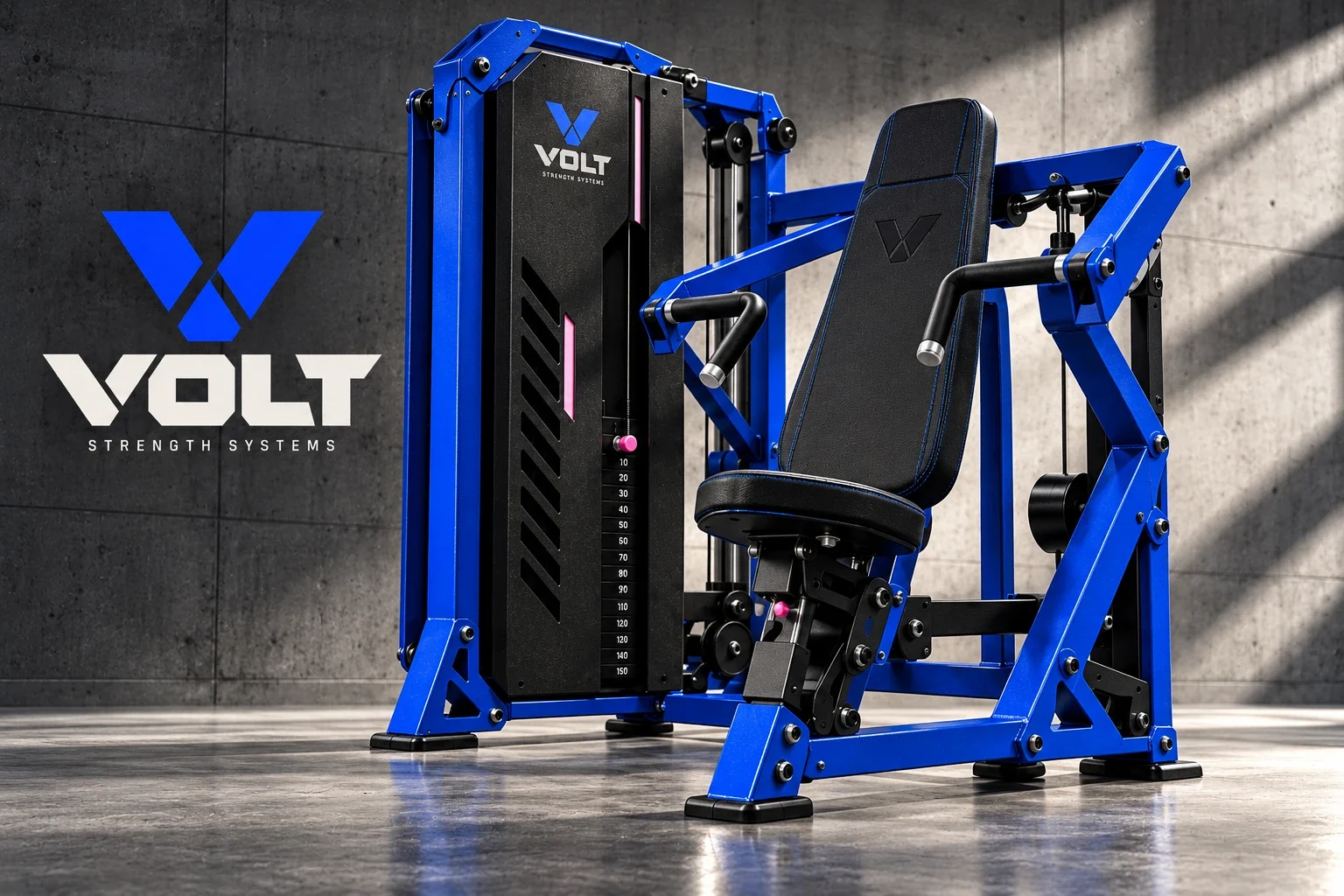 Blue strength machine in a Volt gym presentation