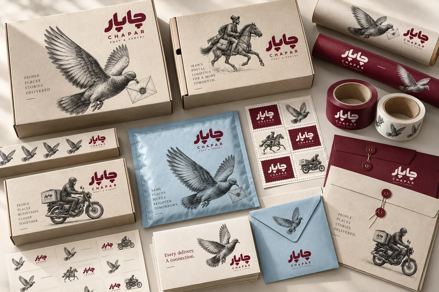 Overhead mockup of varied cartons, envelopes, labels, stamps and sealing tapes.