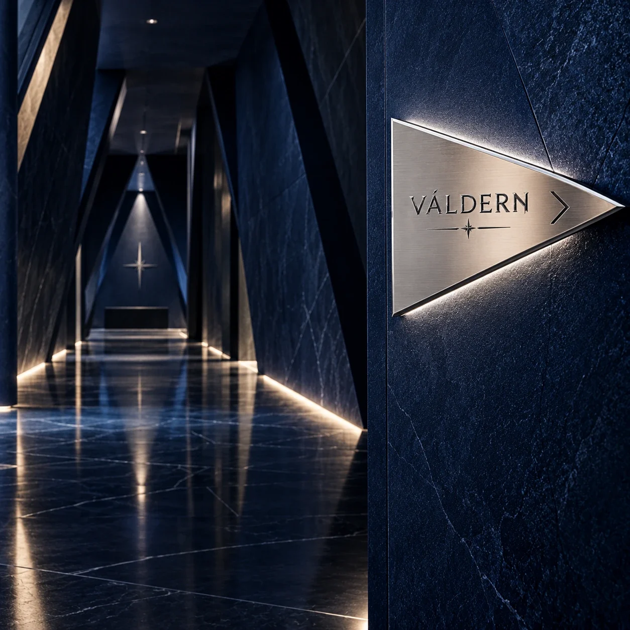 Triangular VÁLDERN wayfinding sign in a dark corridor.
