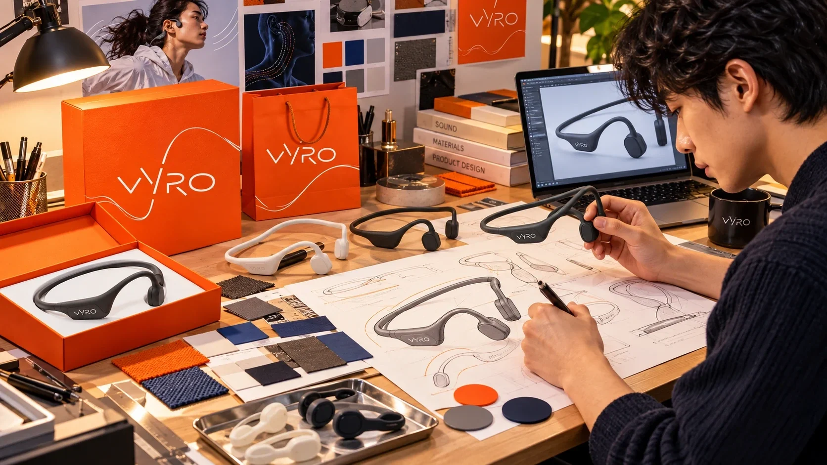 Vyro packaging and headset drawings across a design workspace