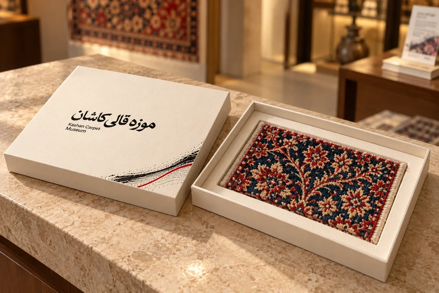 Carpet sample presented in a museum hard box