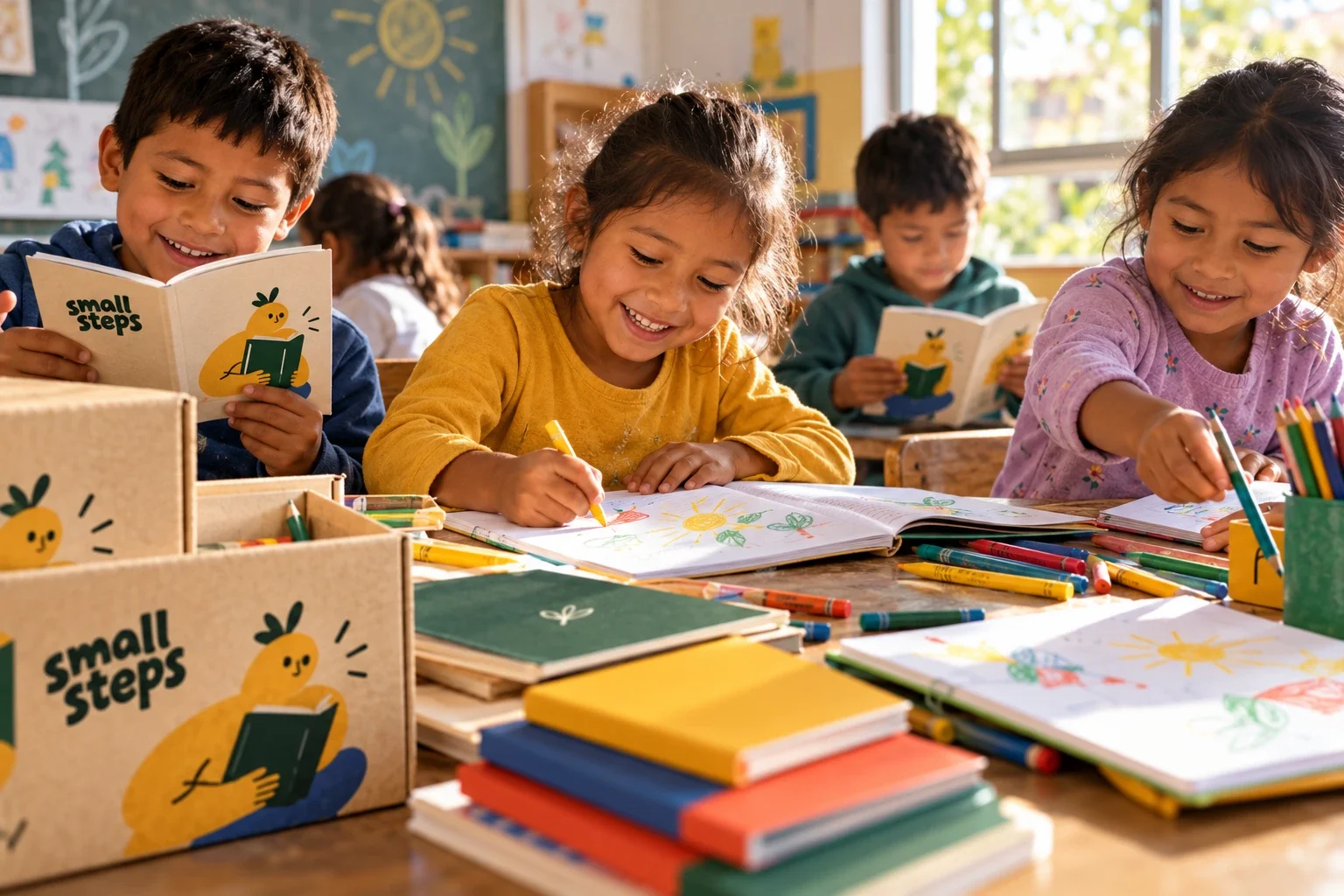 Staged concept scene showing the Small Steps education kit in use.