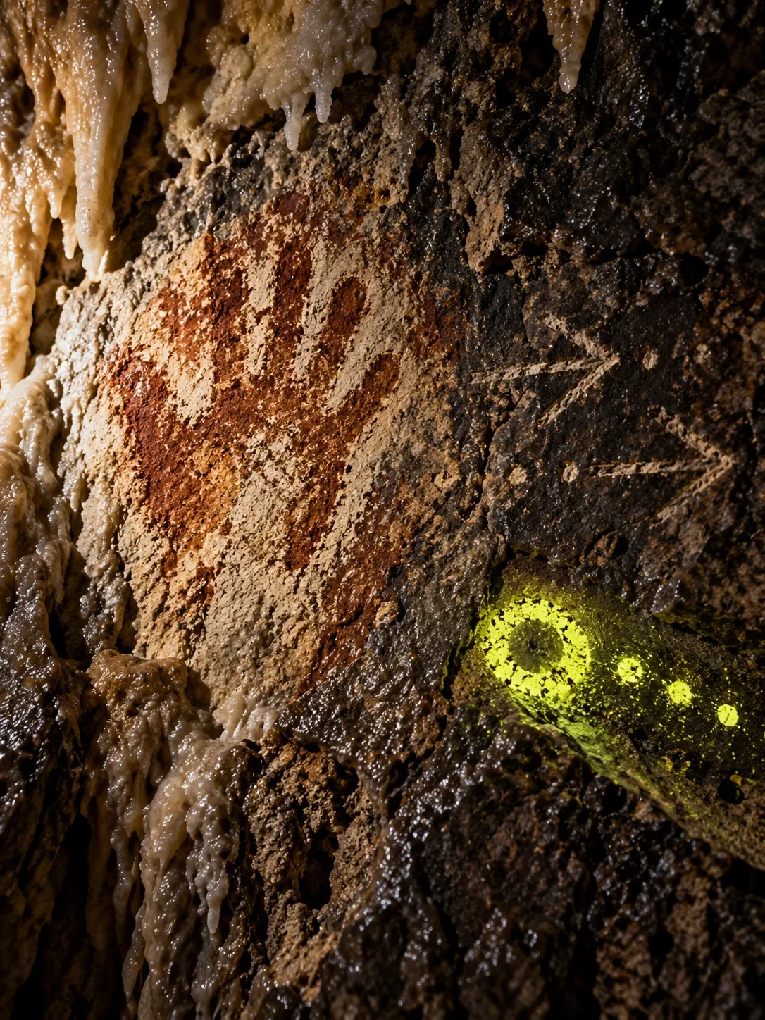 Ancient cave handprint beside Noctara’s luminous route