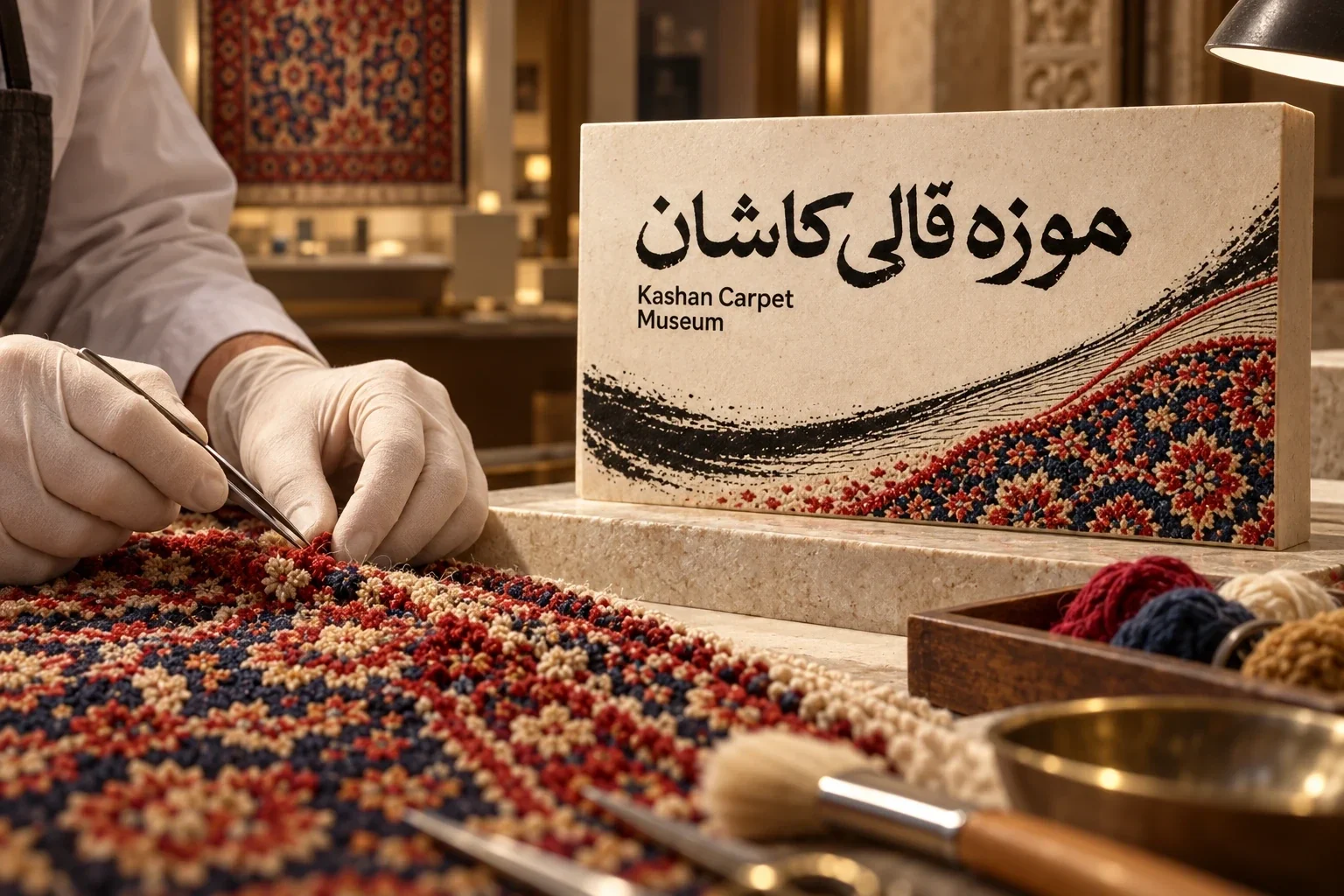 Carpet conservation workspace with museum graphic