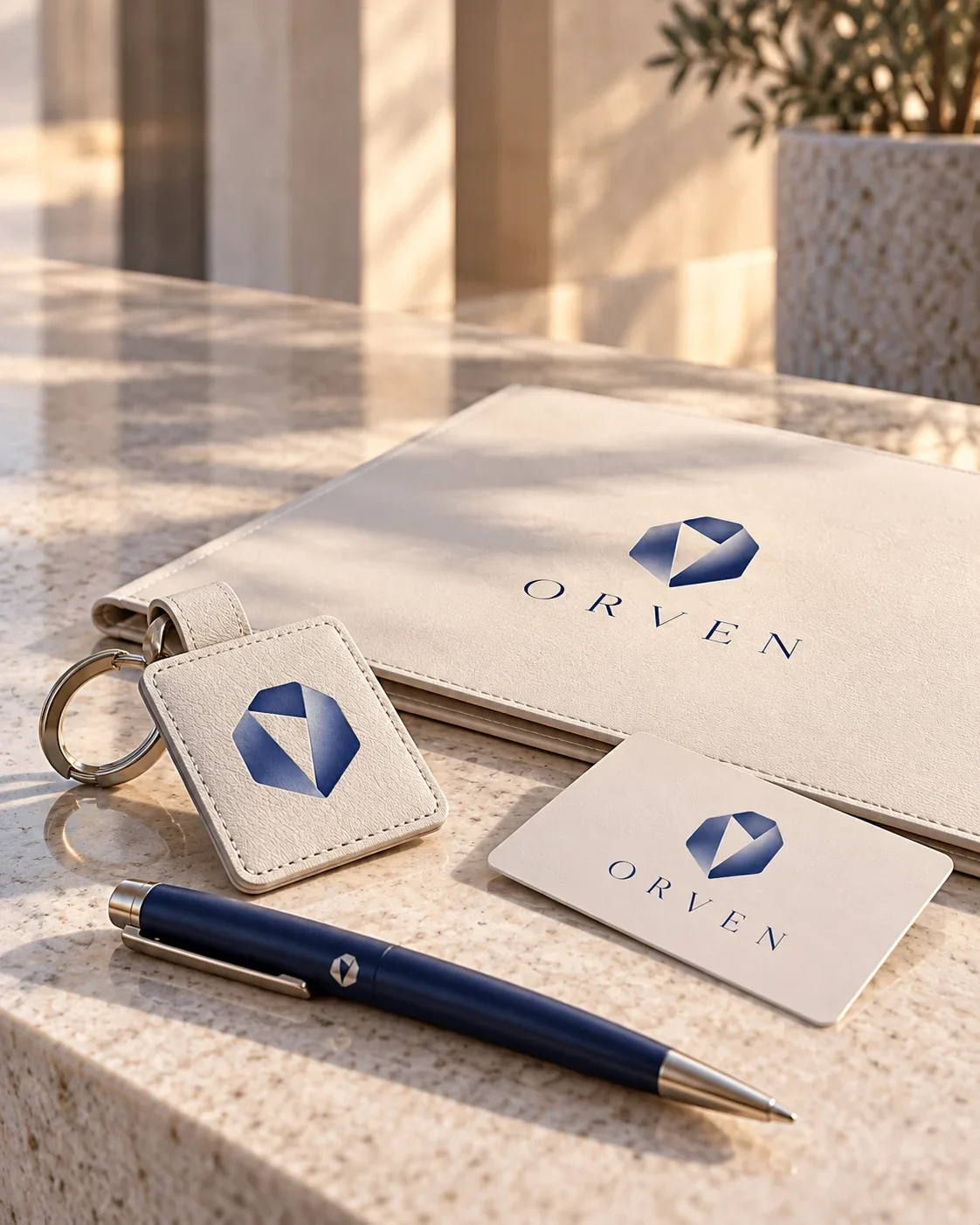 ORVEN stationery, badge and pen on stone