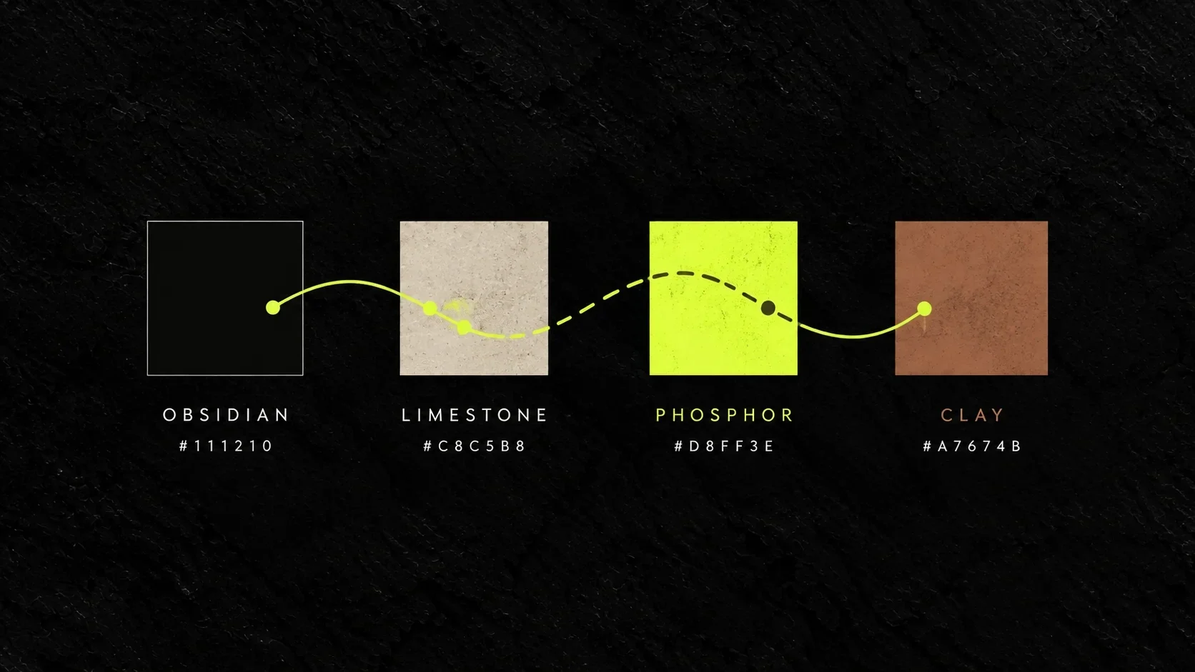 Noctara palette of obsidian, limestone, phosphor and clay