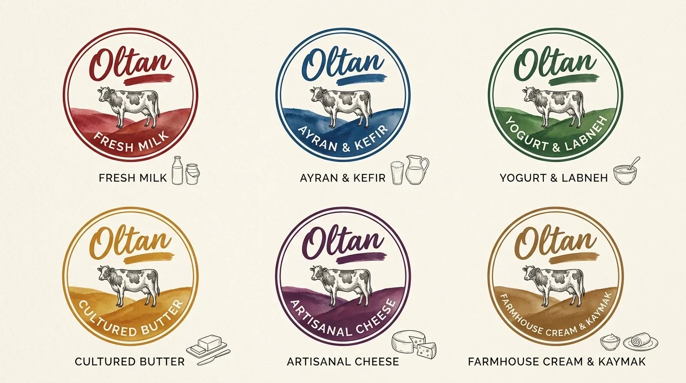 Six Oltan dairy category emblems in red, blue, green, ochre, plum and brown