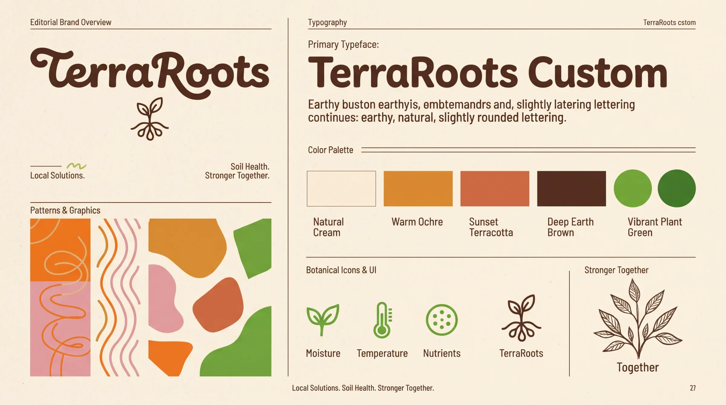TerraRoots brand overview with rounded lettering, colours and sensor icons