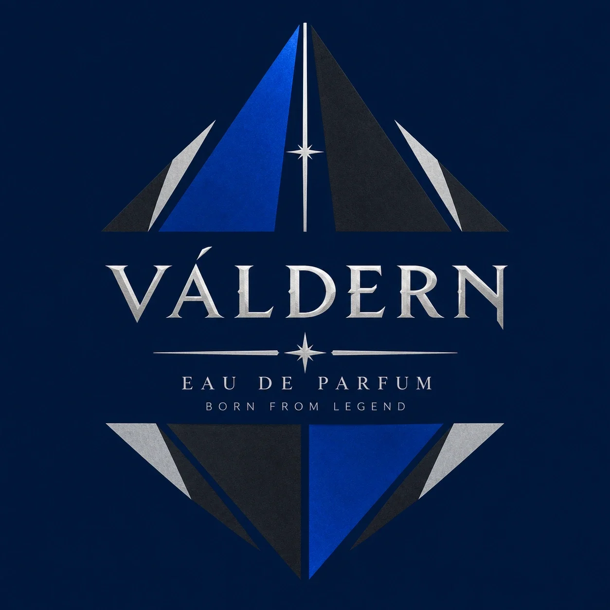Angular VÁLDERN palette study in cobalt, navy, charcoal and silver.