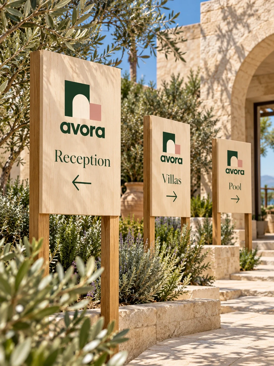 Avora wayfinding signs in a stone courtyard.