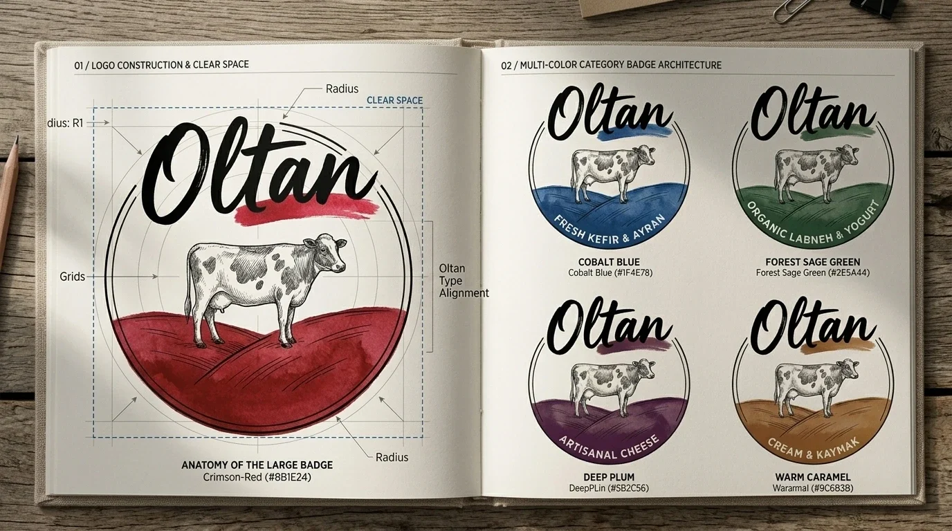 Oltan brand book spread on logo clear space and colored category badges