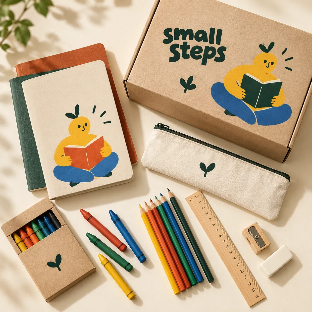 Flat lay concept of Small Steps stationery and learning materials.