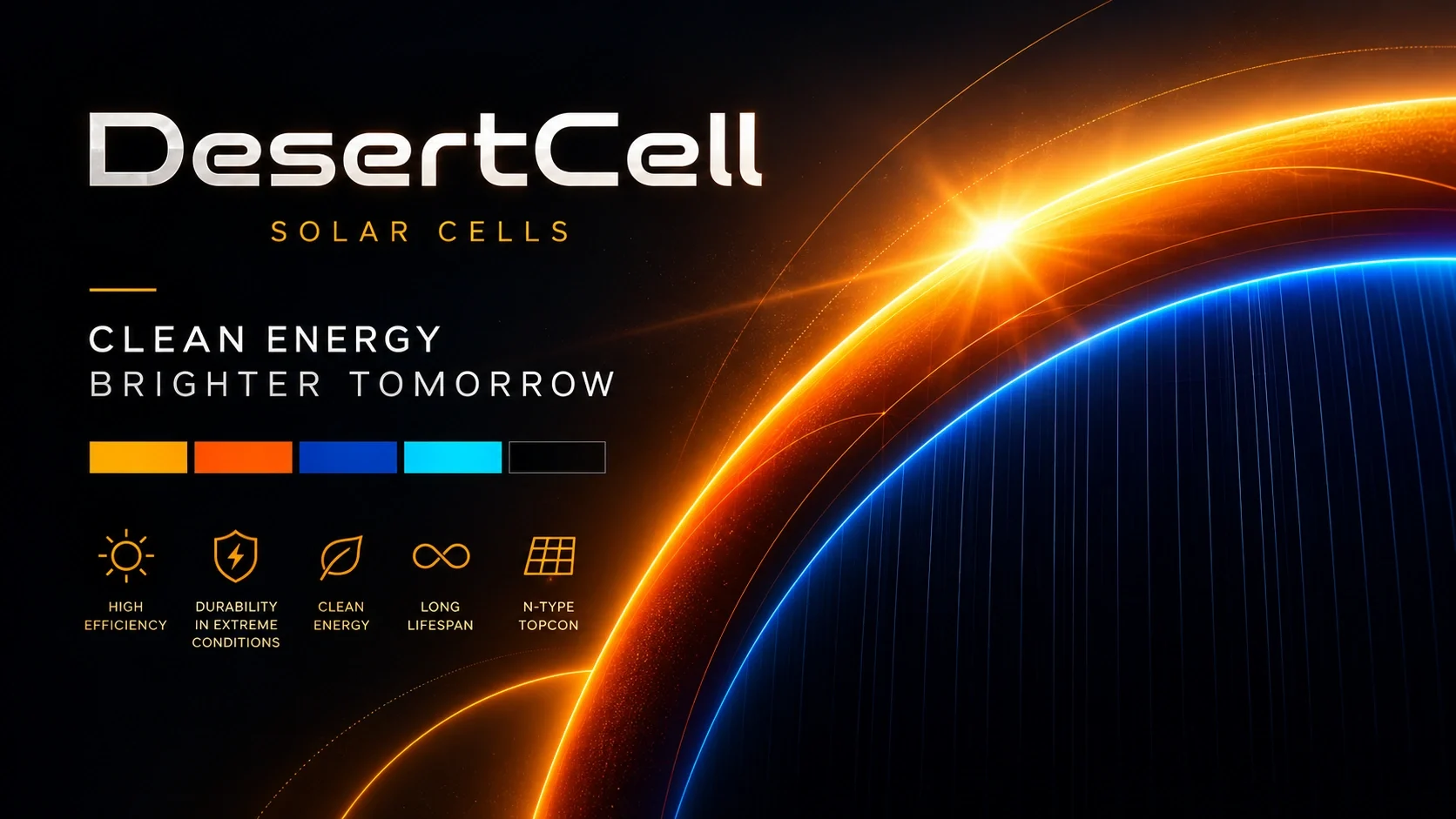 DesertCell identity overview with wordmark, palette, icons and luminous arcs.