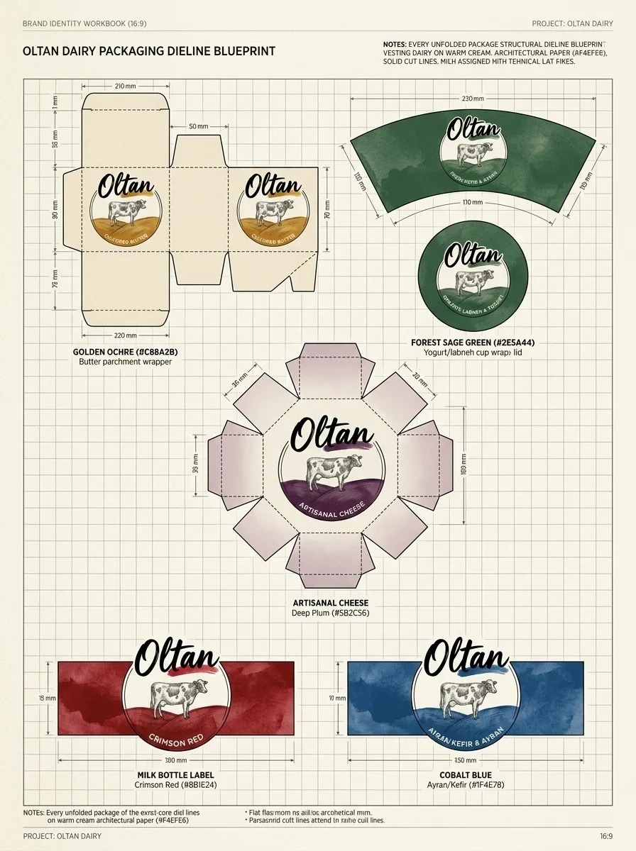 Oltan packaging dieline studies for butter, yogurt, cheese and bottle labels